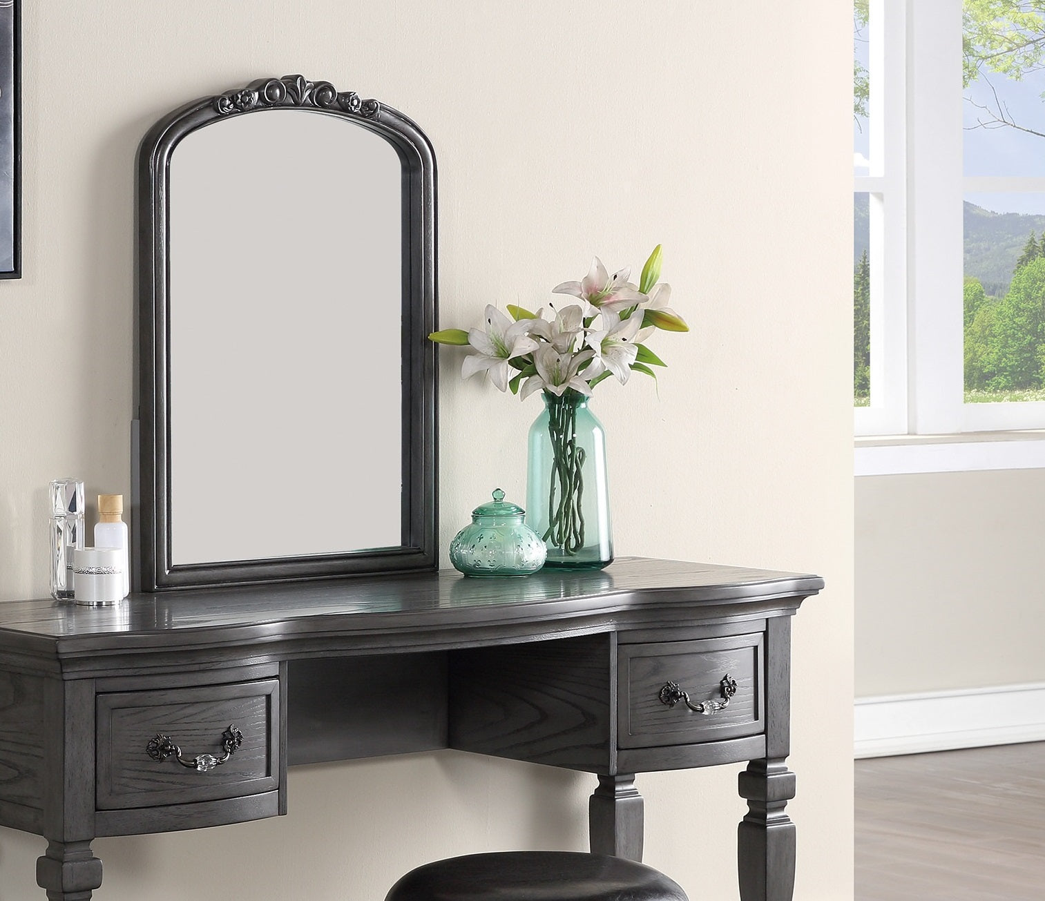 Bedroom Classic Vanity Set Wooden Carved Mirror Stool Drawers Antique Grey Finish Grey Bedroom Classic,Contemporary,Luxury Rubberwood Solid Wood