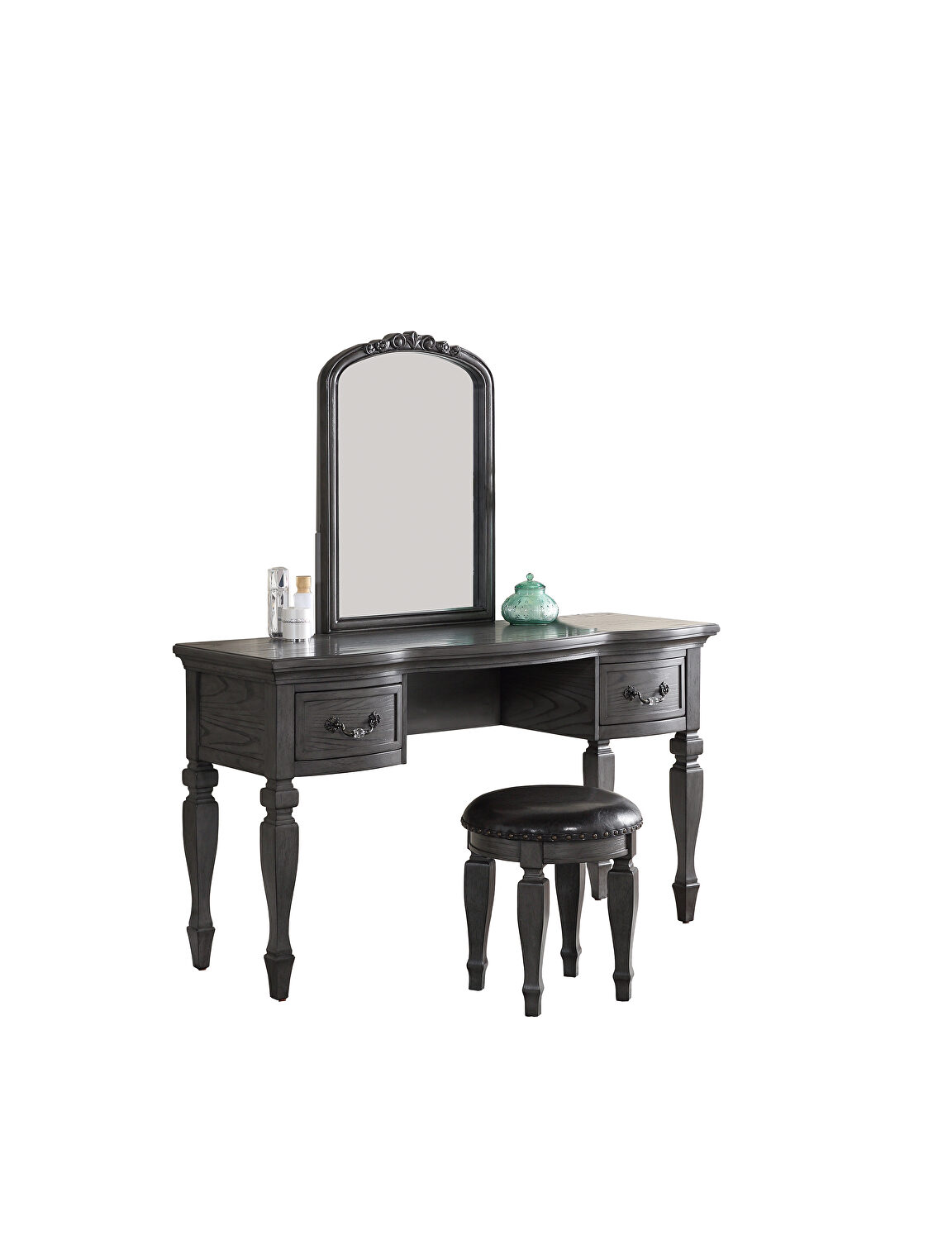 Bedroom Classic Vanity Set Wooden Carved Mirror Stool Drawers Antique Grey Finish Grey Bedroom Classic,Contemporary,Luxury Rubberwood Solid Wood