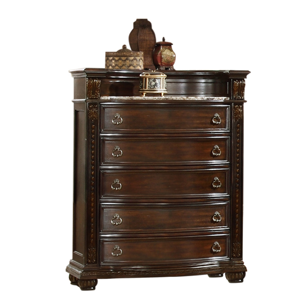 Roma Traditional Style 5 Drawer Chest With Metal Handle Pulls Made With Wood In Dark Walnut Dark Brown Bedroom Traditional Solid Wood Mdf Wood