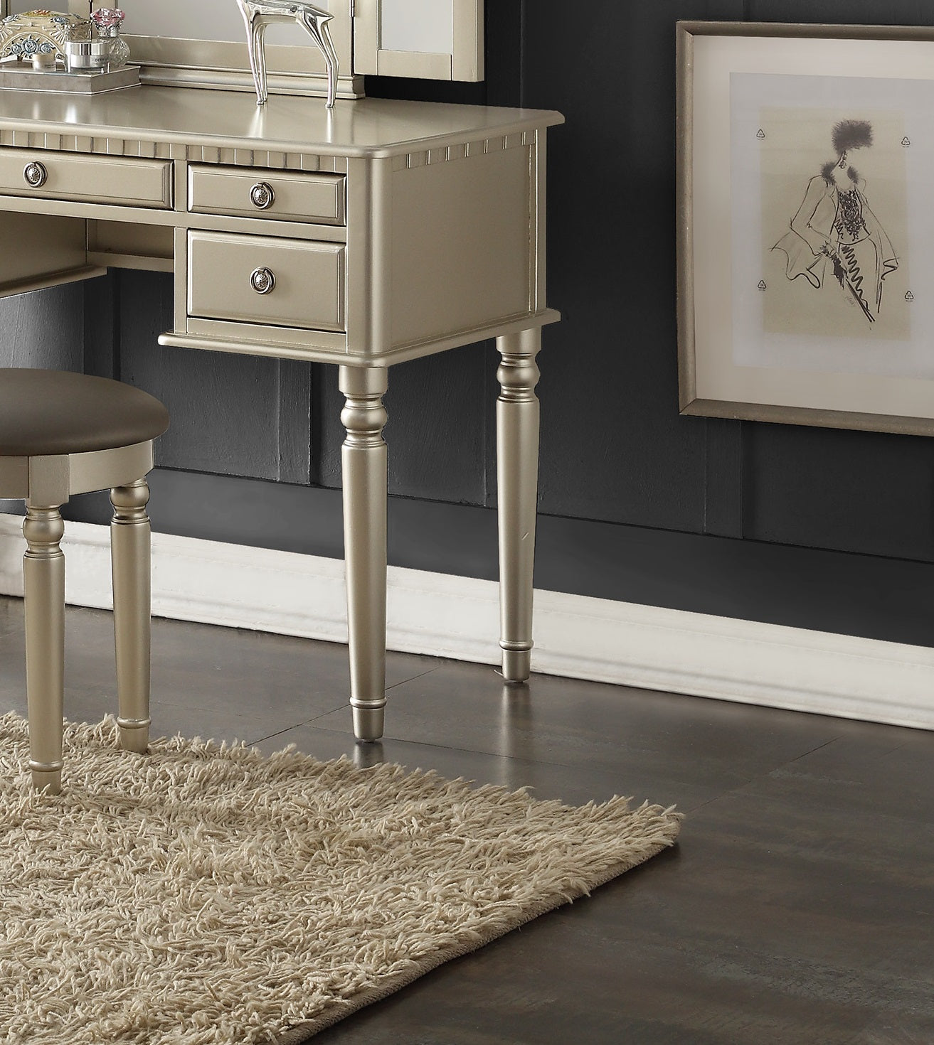 Bedroom Contemporary Vanity Set W Foldable Mirror Stool Drawers Silver Color Silver Gray Bedroom Classic,Contemporary Rubberwood Solid Wood