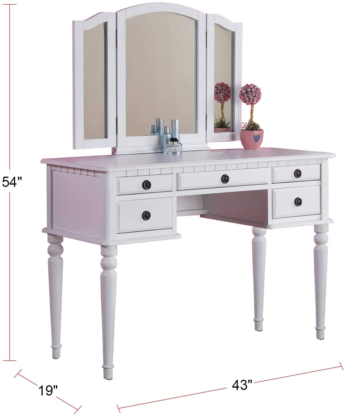 Bedroom Contemporary Vanity Set W Foldable Mirror Stool Drawers White Color White White Bedroom Classic,Contemporary Rubberwood Solid Wood