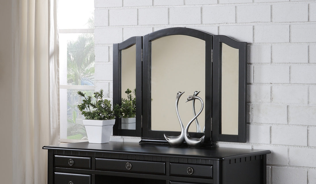 Bedroom Contemporary Vanity Set W Foldable Mirror Stool Drawers Black Color Black Vanity Stools Bedroom Round White Classic,Contemporary Padded Seat Rubberwood Solid Wood