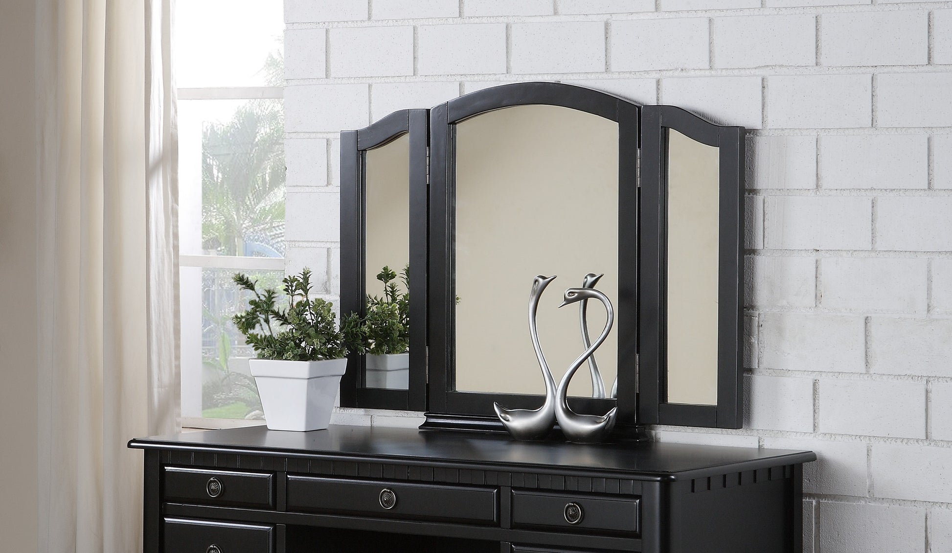 Bedroom Contemporary Vanity Set W Foldable Mirror Stool Drawers Black Color Black Vanity Stools Bedroom Round White Classic,Contemporary Padded Seat Rubberwood Solid Wood