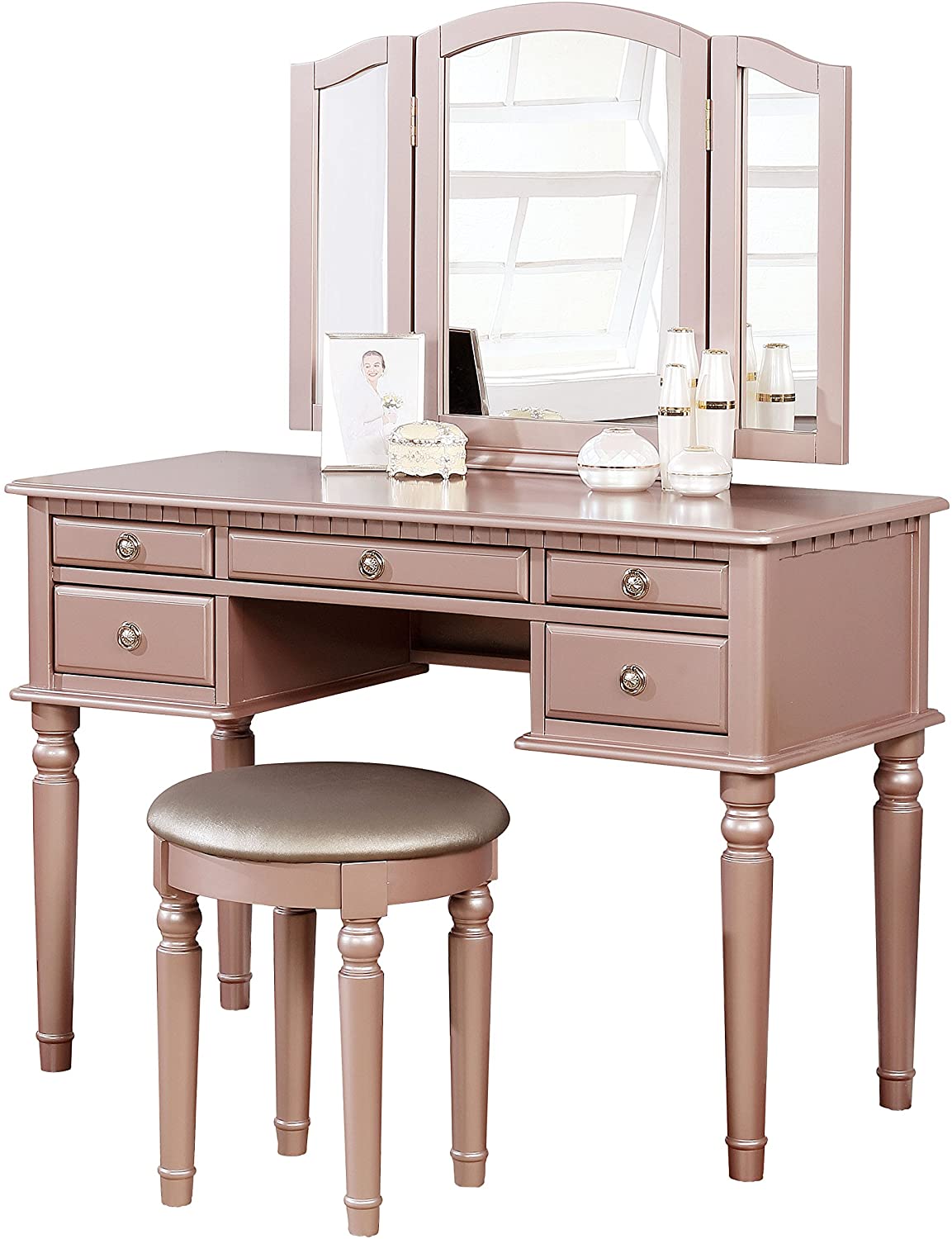 Bedroom Contemporary Vanity Set W Foldable Mirror Stool Drawers Rose Gold Color Rose Gold Vanity Stools Bedroom Round Grey Classic,Contemporary Padded Seat Rubberwood Solid Wood