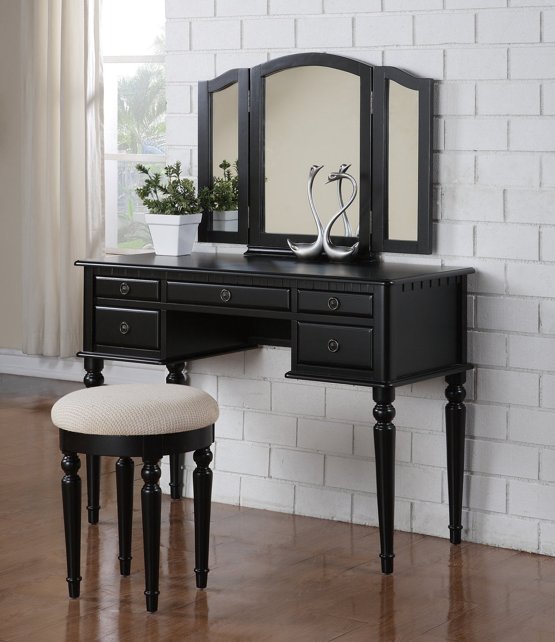 Bedroom Contemporary Vanity Set W Foldable Mirror Stool Drawers Black Color Black Vanity Stools Bedroom Round White Classic,Contemporary Padded Seat Rubberwood Solid Wood