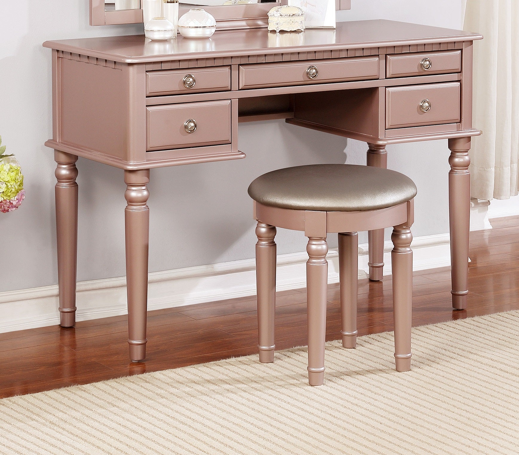 Bedroom Contemporary Vanity Set W Foldable Mirror Stool Drawers Rose Gold Color Rose Gold Vanity Stools Bedroom Round Grey Classic,Contemporary Padded Bedroom Contemporary Vanity Set W Foldable Mirror Stool Drawers Rose Gold Color Rose Gold Vanity Stools Bedroom Round Grey Classic,Contemporary Padded