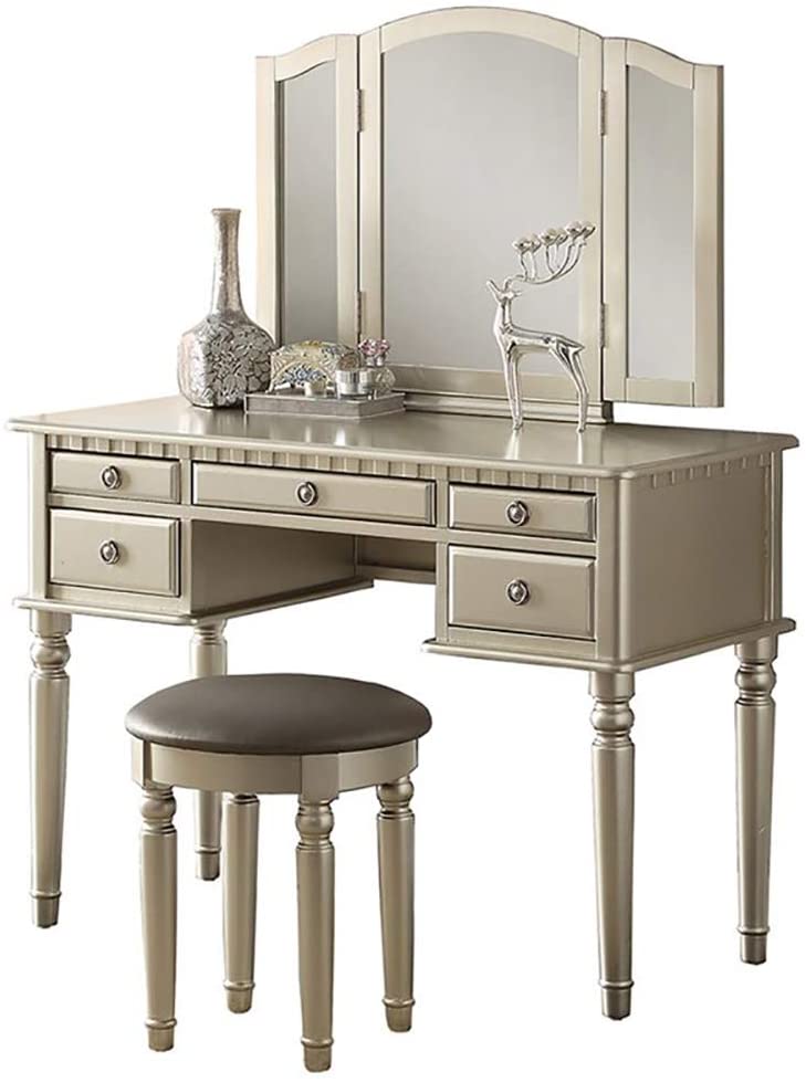 Bedroom Contemporary Vanity Set W Foldable Mirror Stool Drawers Silver Color Silver Gray Bedroom Classic,Contemporary Rubberwood Solid Wood