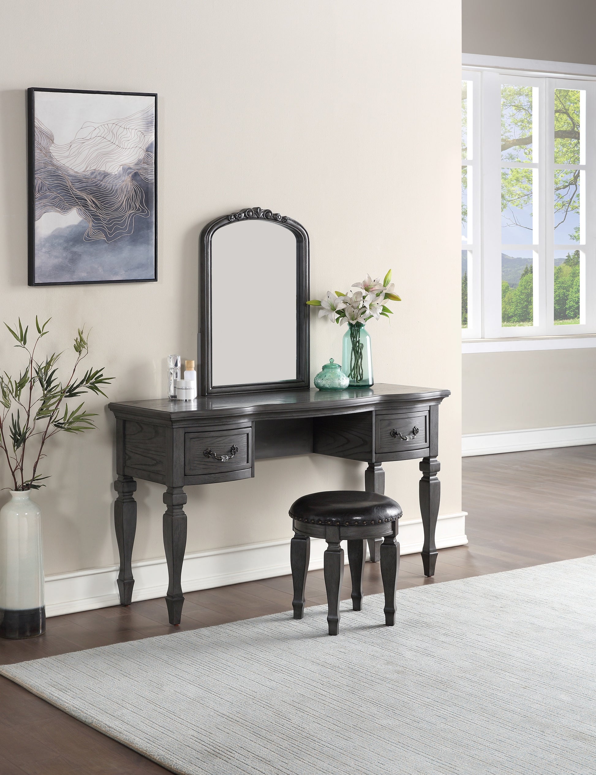 Bedroom Classic Vanity Set Wooden Carved Mirror Stool Drawers Antique Grey Finish Grey Bedroom Classic,Contemporary,Luxury Rubberwood Solid Wood