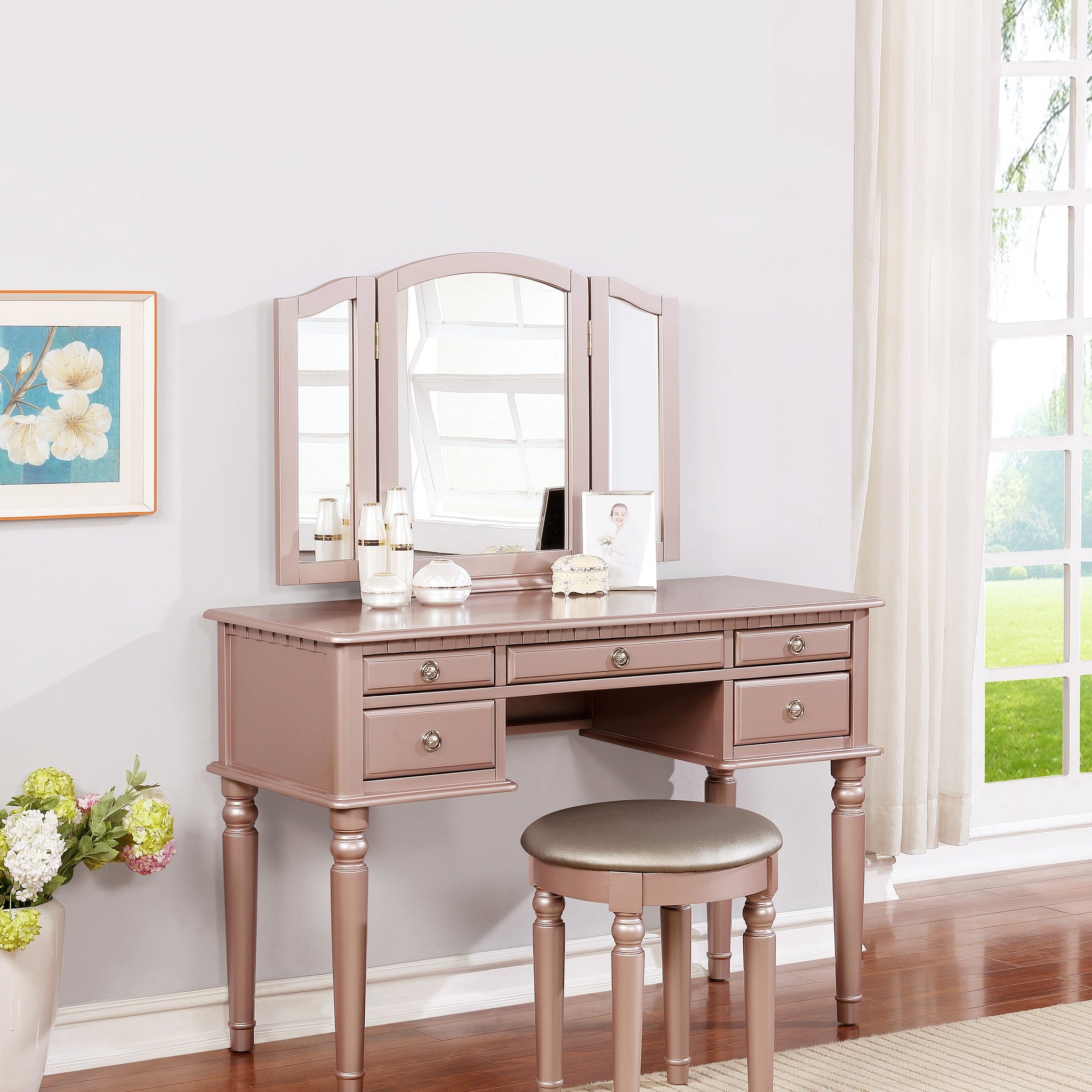 Bedroom Contemporary Vanity Set W Foldable Mirror Stool Drawers Rose Gold Color Rose Gold Vanity Stools Bedroom Round Grey Classic,Contemporary Padded Seat Rubberwood Solid Wood