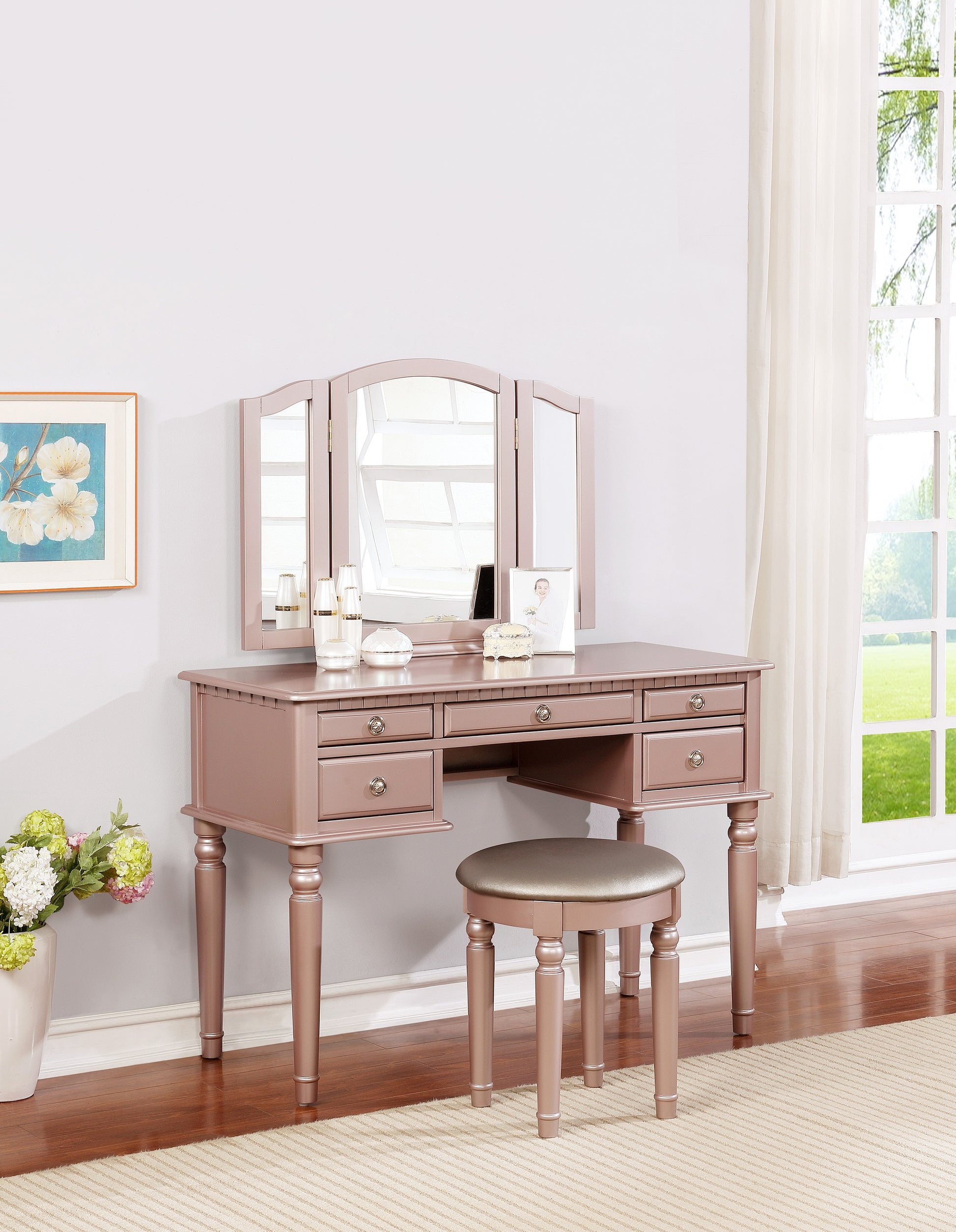 Bedroom Contemporary Vanity Set W Foldable Mirror Stool Drawers Rose Gold Color Rose Gold Vanity Stools Bedroom Round Grey Classic,Contemporary Padded ... Bedroom Contemporary Vanity Set W Foldable Mirror Stool Drawers Rose Gold Color Rose Gold Vanity Stools Bedroom Round Grey Classic,Contemporary Padded ...