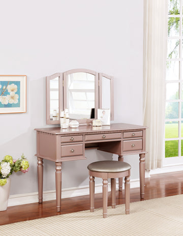 Bedroom Contemporary Vanity Set W Foldable Mirror Stool Drawers Rose Gold Color Rose Gold Vanity Stools Bedroom Round Grey Classic,Contemporary Padded Seat Rubberwood Solid Wood