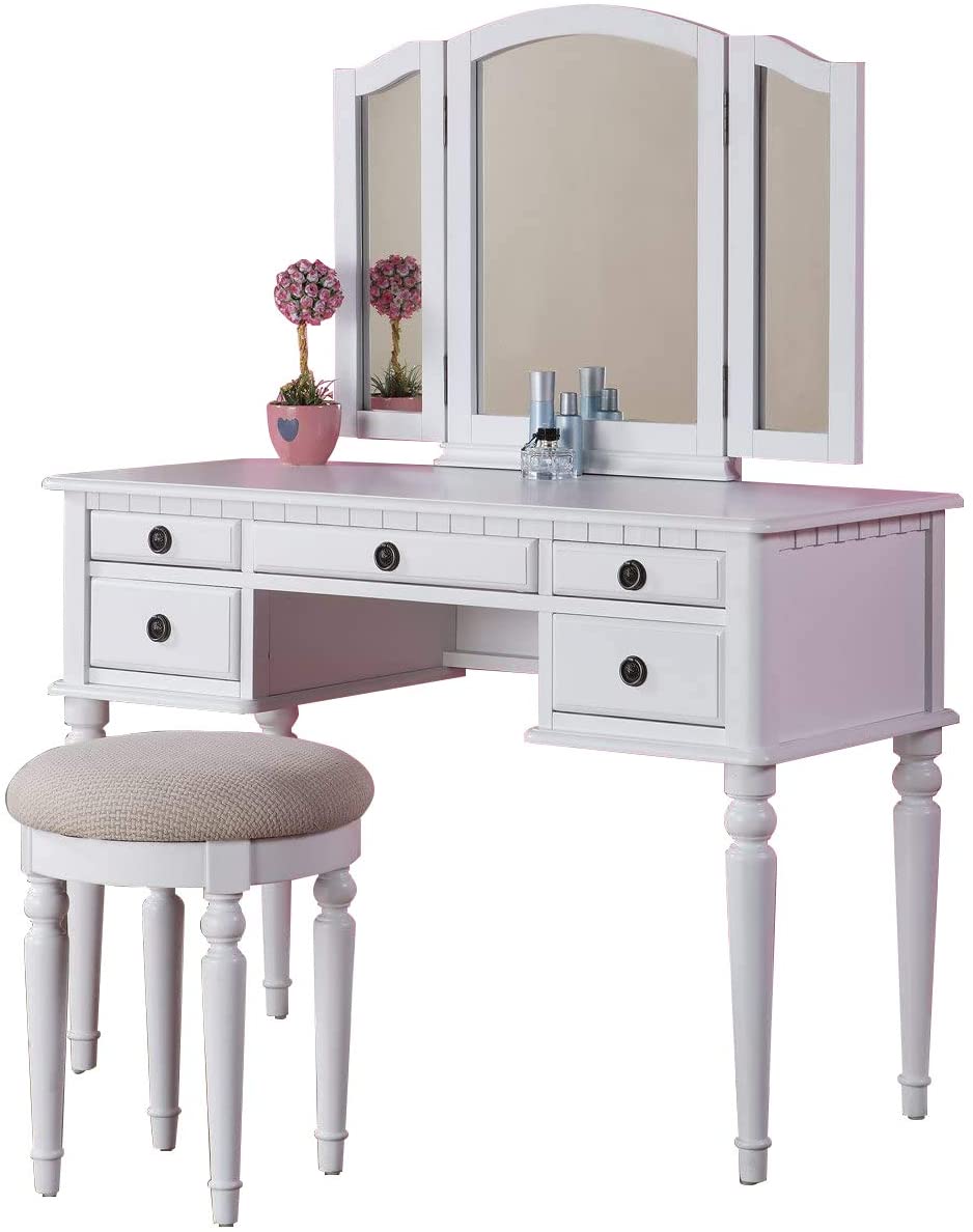 Bedroom Contemporary Vanity Set W Foldable Mirror Stool Drawers White Color White White Bedroom Classic,Contemporary Rubberwood Solid Wood