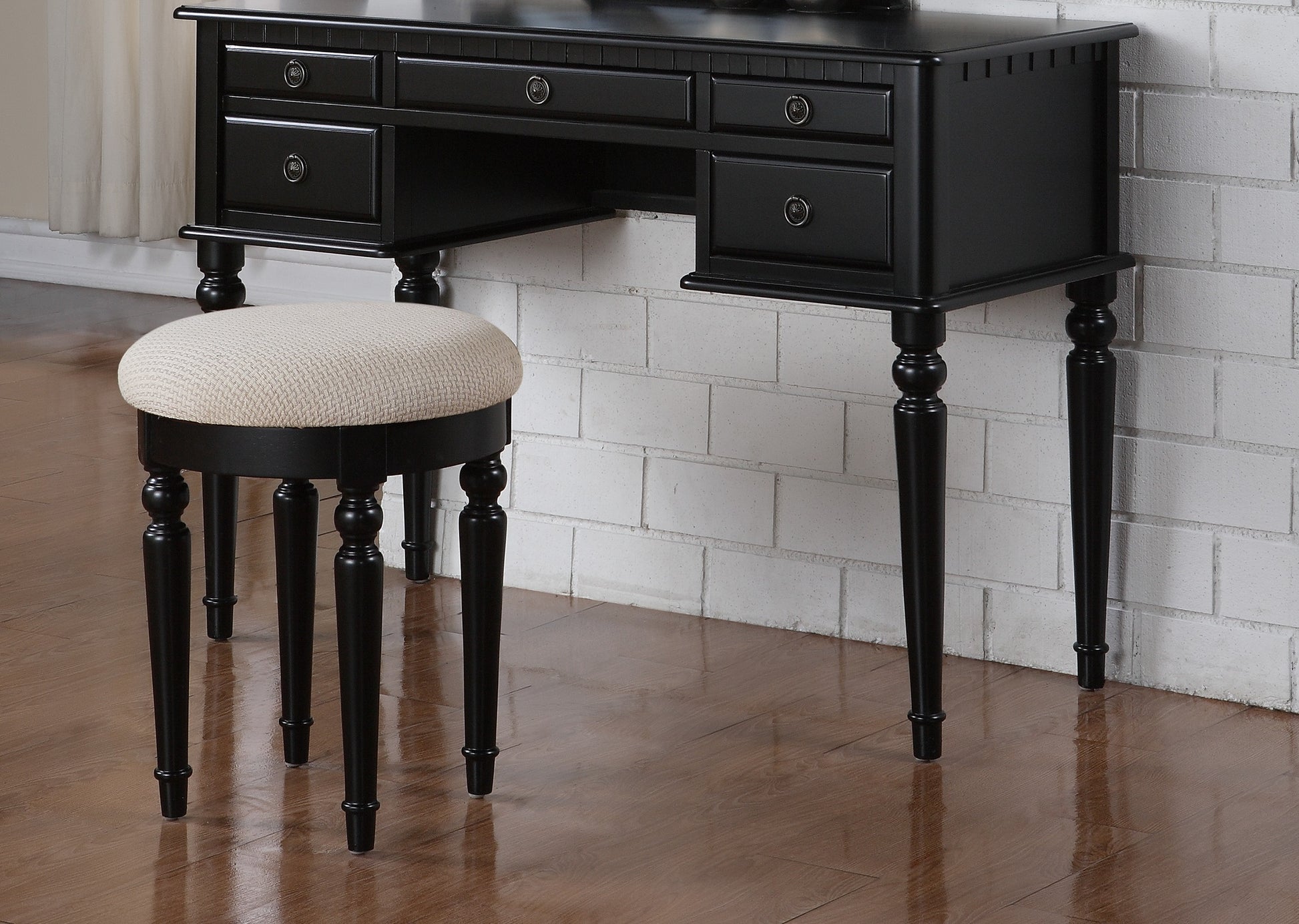 Bedroom Contemporary Vanity Set W Foldable Mirror Stool Drawers Black Color Black Vanity Stools Bedroom Round White Classic,Contemporary Padded Seat Rubberwood Solid Wood