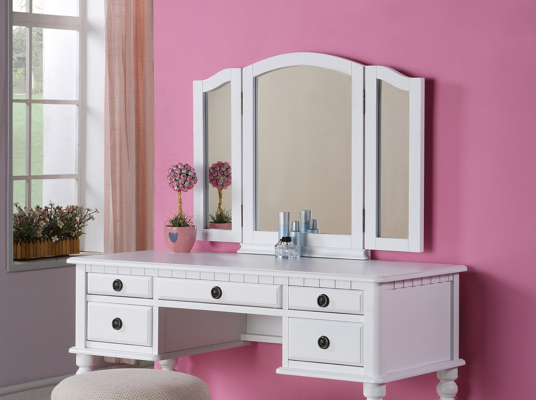 Bedroom Contemporary Vanity Set W Foldable Mirror Stool Drawers White Color White White Bedroom Classic,Contemporary Rubberwood Solid Wood