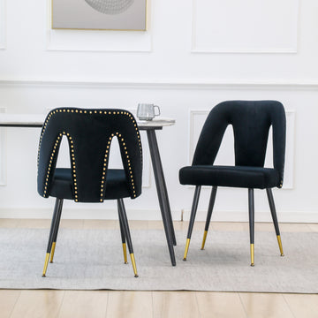 Akoya Collection Modern Contemporary Velvet Upholstered Dining Chair With Nailheads And Gold Tipped Black Metal Legs,Black,Set Of 2 Black Dining Room Foam Velvet