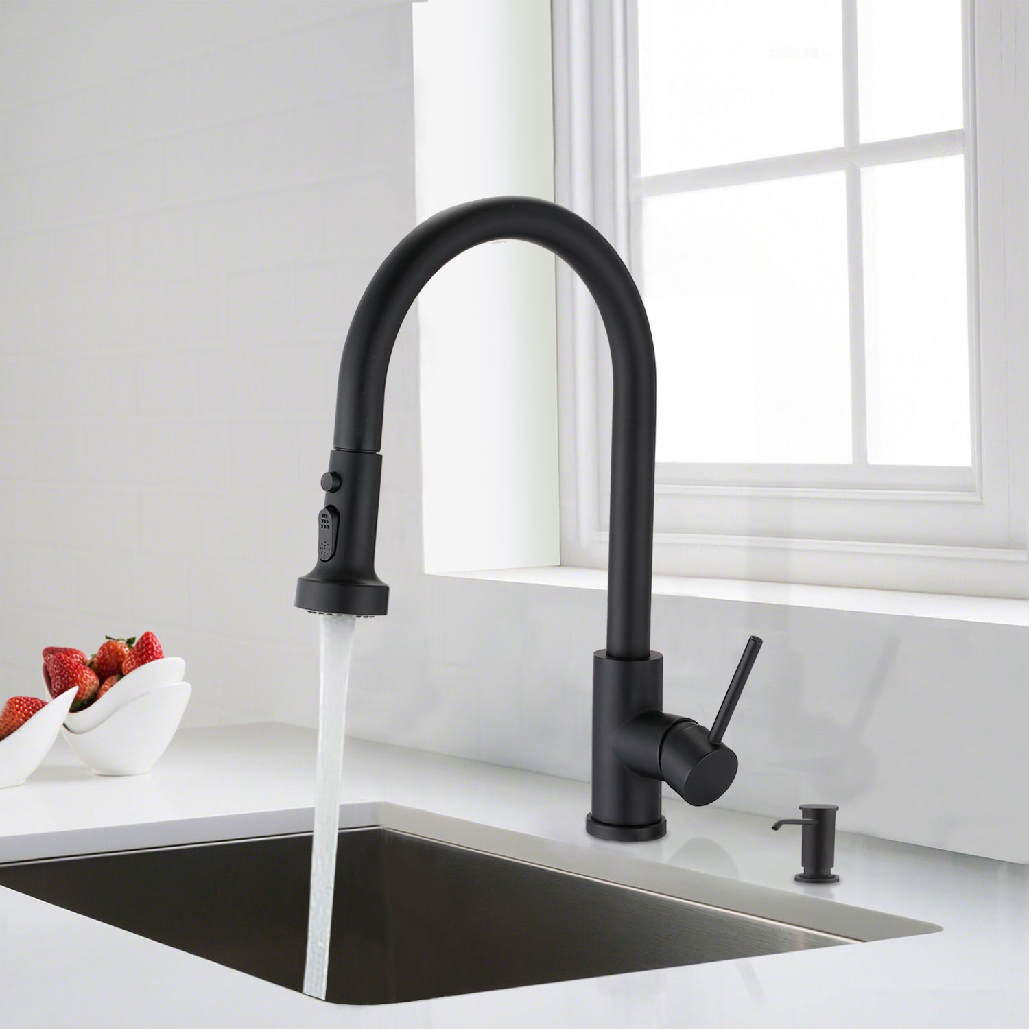 Stainless Steel Pull Down Kitchen Faucet With Soap Dispenser Matte Black Matte Black Stainless Steel