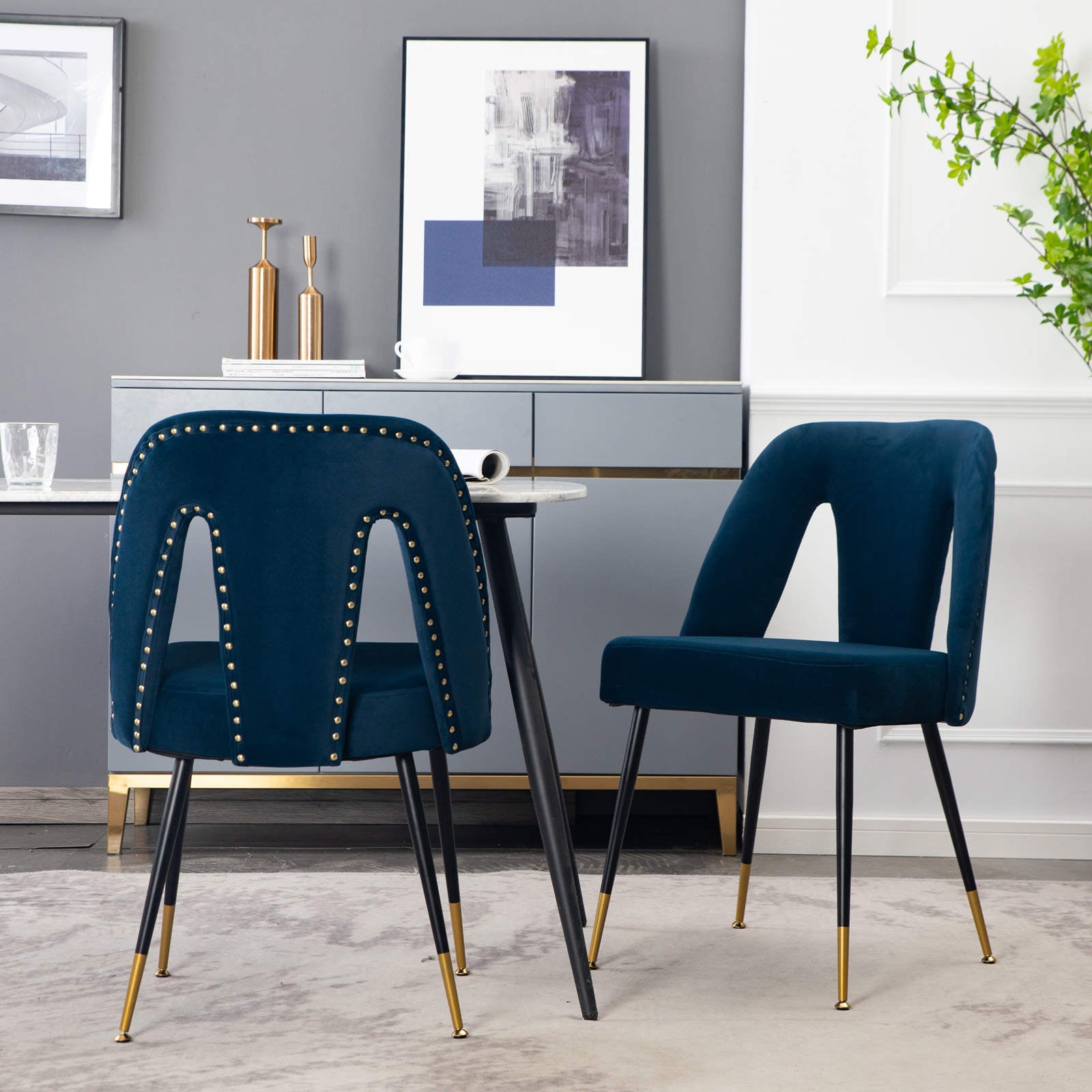 Akoya Collection Modern Contemporary Velvet Upholstered Dining Chair With Nailheads And Gold Tipped Black Metal Legs,Blue,Set Of 2 Blue Foam Velvet