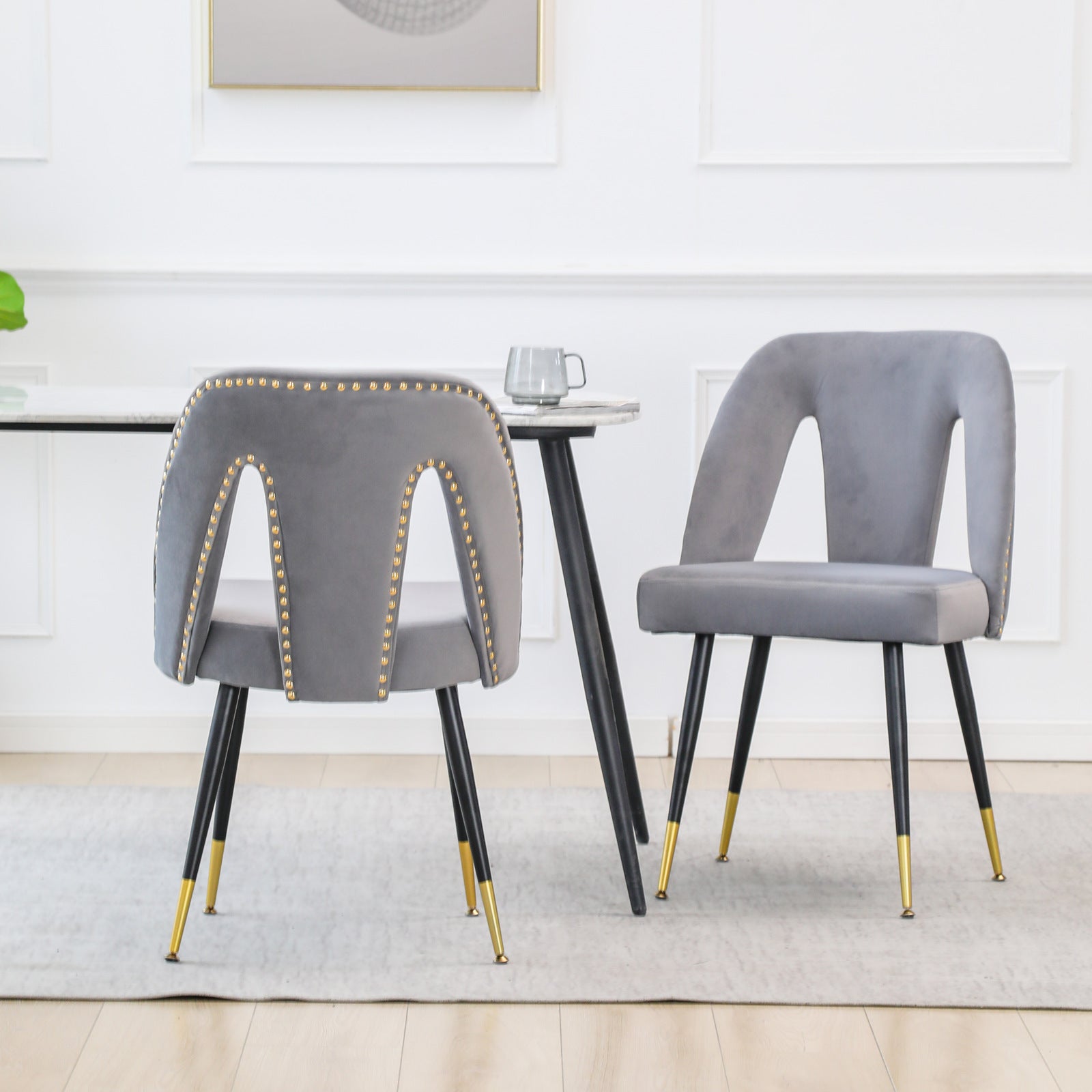 Akoya Collection Modern Contemporary Velvet Upholstered Dining Chair With Nailheads And Gold Tipped Black Metal Legs, Gray Set Of 2 Gray Foam Velvet