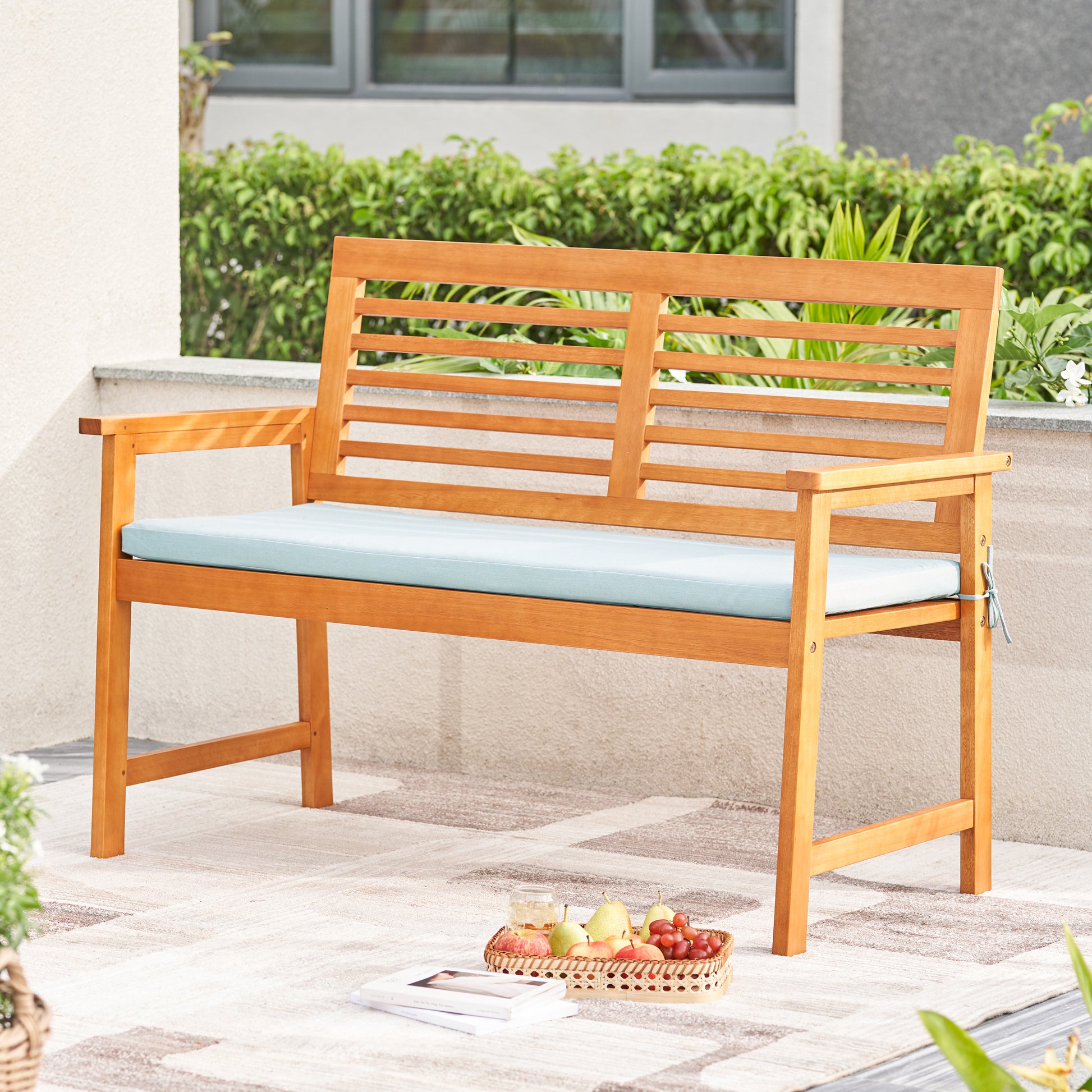Waimea Honey Slatted Eucalyptus Wood Garden Bench With Cushion Yes Deep Seating Teak Water Resistant Frame Water Resistant Cushion Garden & Outdoor Coastal,Traditional Sofa Seating Groups Foam Solid Wood