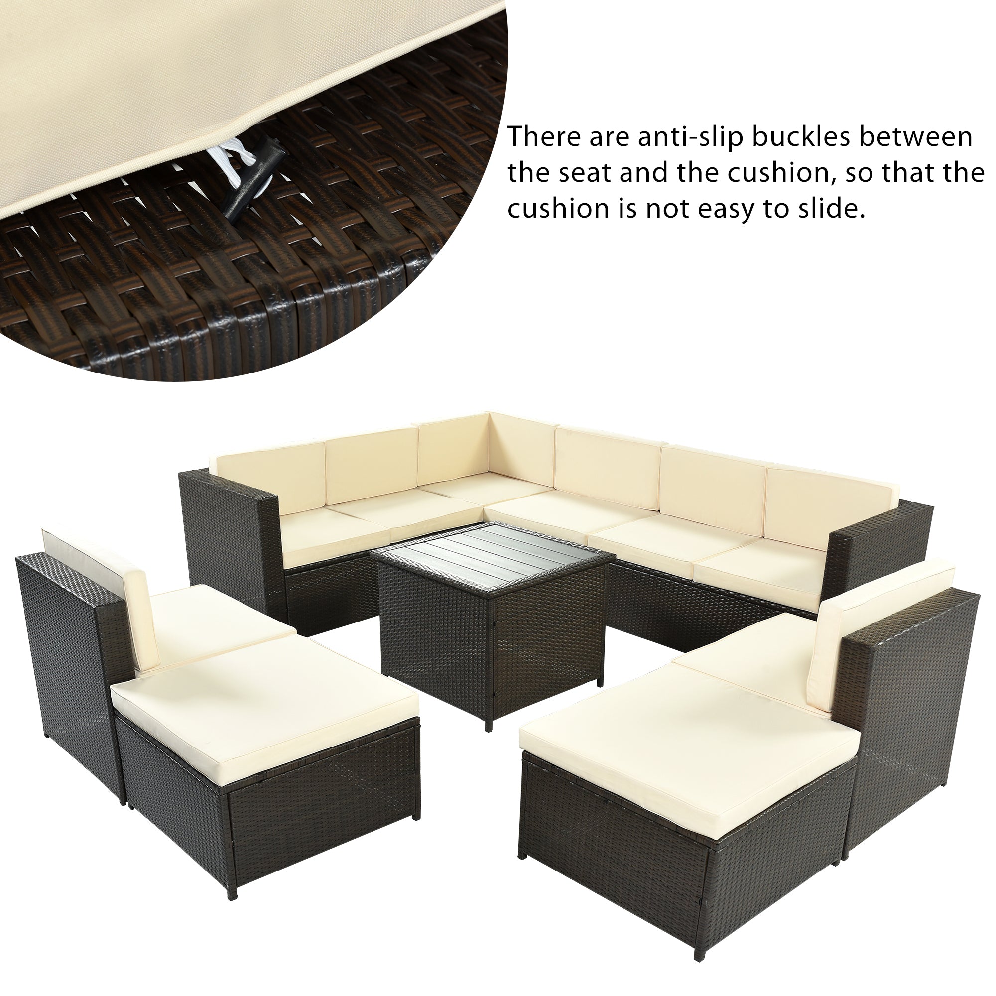 U Style 9 Piece Rattan Sectional Seating Group with beige-rattan