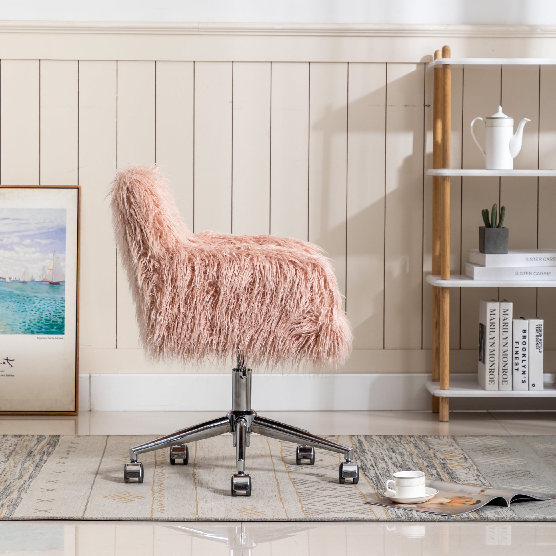 Hengming Modern Faux Fur Home Office Chair, Fluffy Chair For Girls, Makeup Vanity Chair Pink Steel