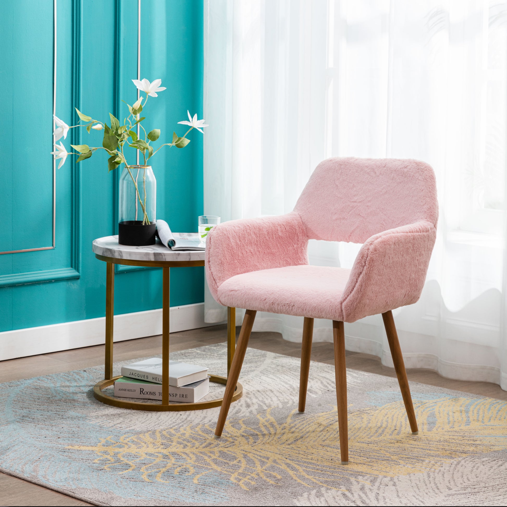 Hengming Dining Chairs With Faux Fur, Mid Century Side Chairs With Solid Painting Steel Leg For Dining Room Pink Faux Fur