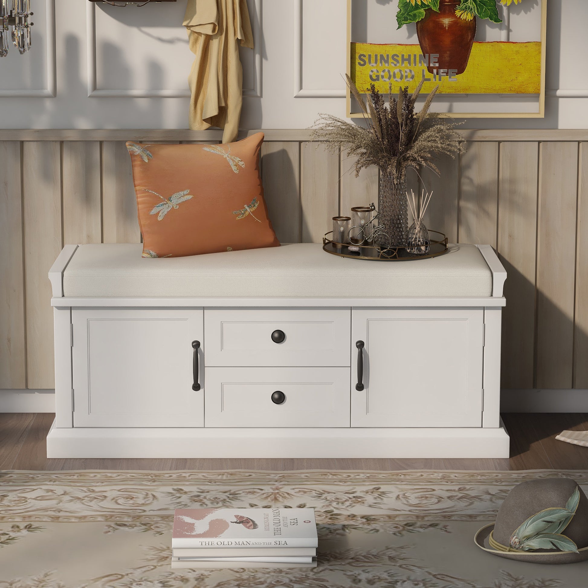 Storage Bench With 2 Drawers And 2 Cabinets, Shoe Bench With Removable Cushion For Living Room, Entryway White White Solid Wood