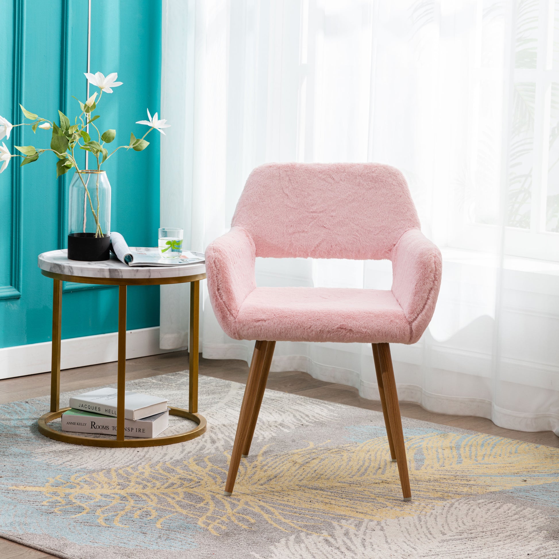 Hengming Dining Chairs With Faux Fur, Mid Century Side Chairs With Solid Painting Steel Leg For Dining Room Pink Faux Fur