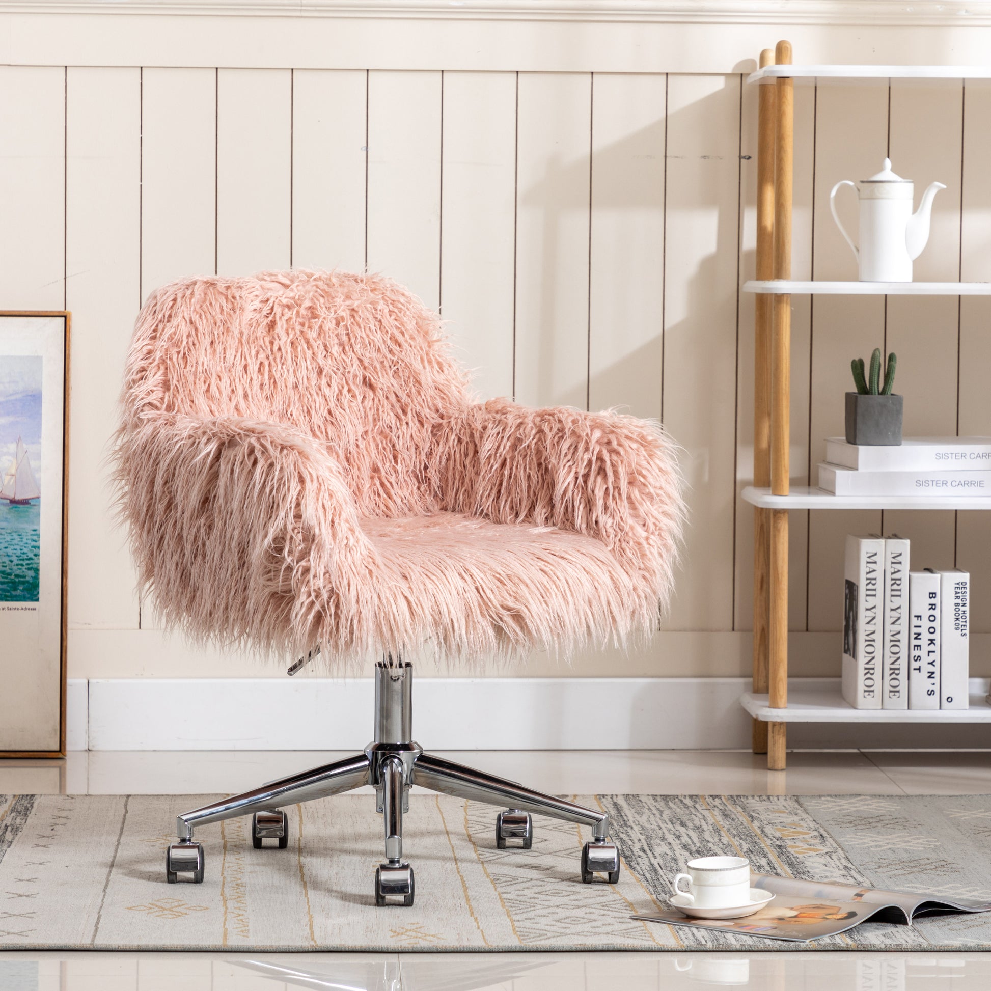 Hengming Modern Faux Fur Home Office Chair, Fluffy Chair For Girls, Makeup Vanity Chair Pink Steel