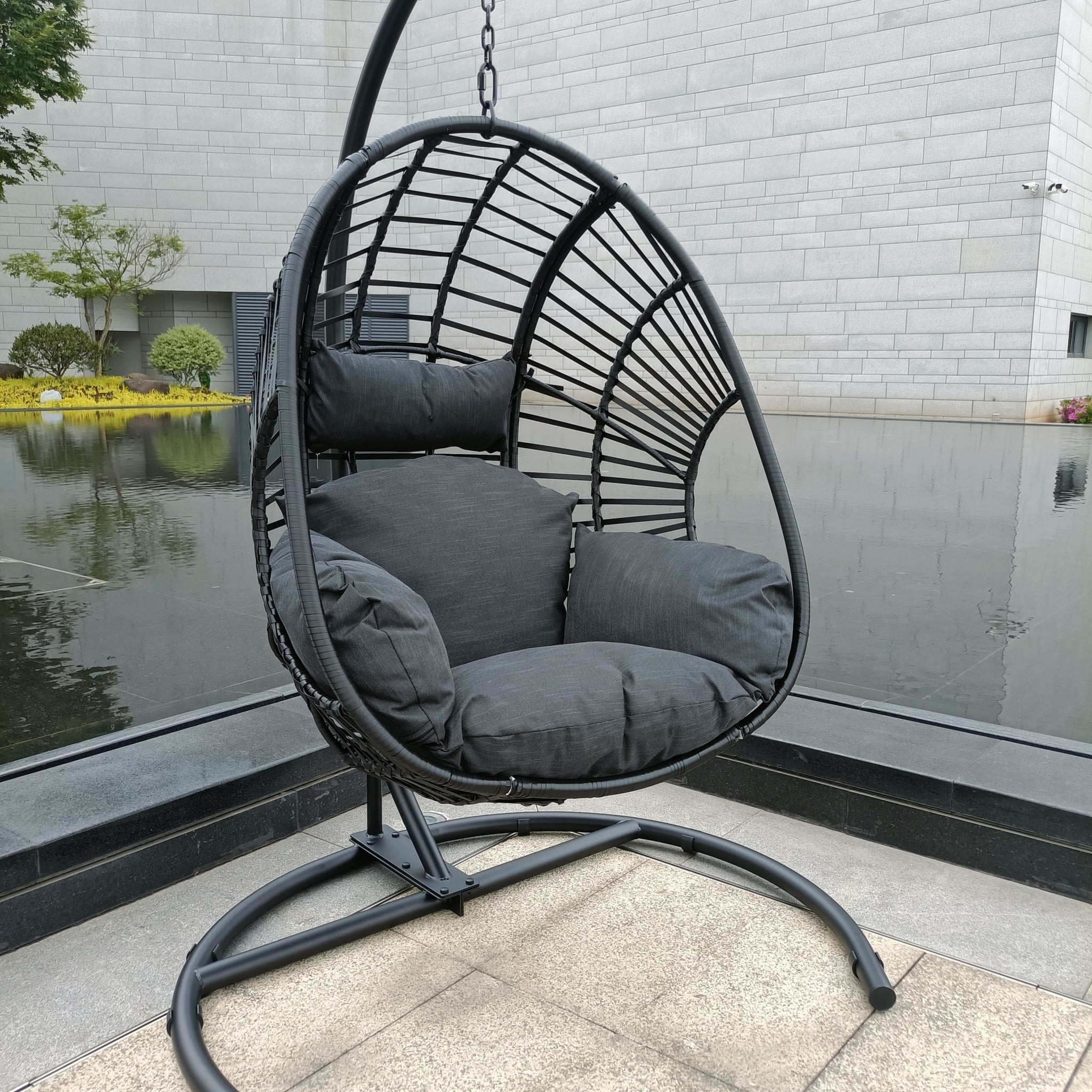 High Quality Outdoor Indoor Black Color Pe Wicker Swing Egg Chair With Antracite Color Cushion And Black Color Base Black Foam Metal