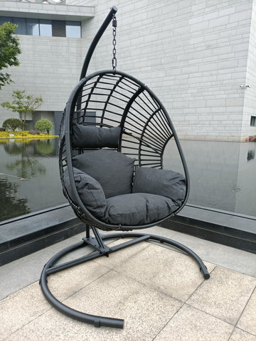 High Quality Outdoor Indoor Black Color Pe Wicker Swing Egg Chair With Antracite Color Cushion And Black Color Base Black Foam Metal