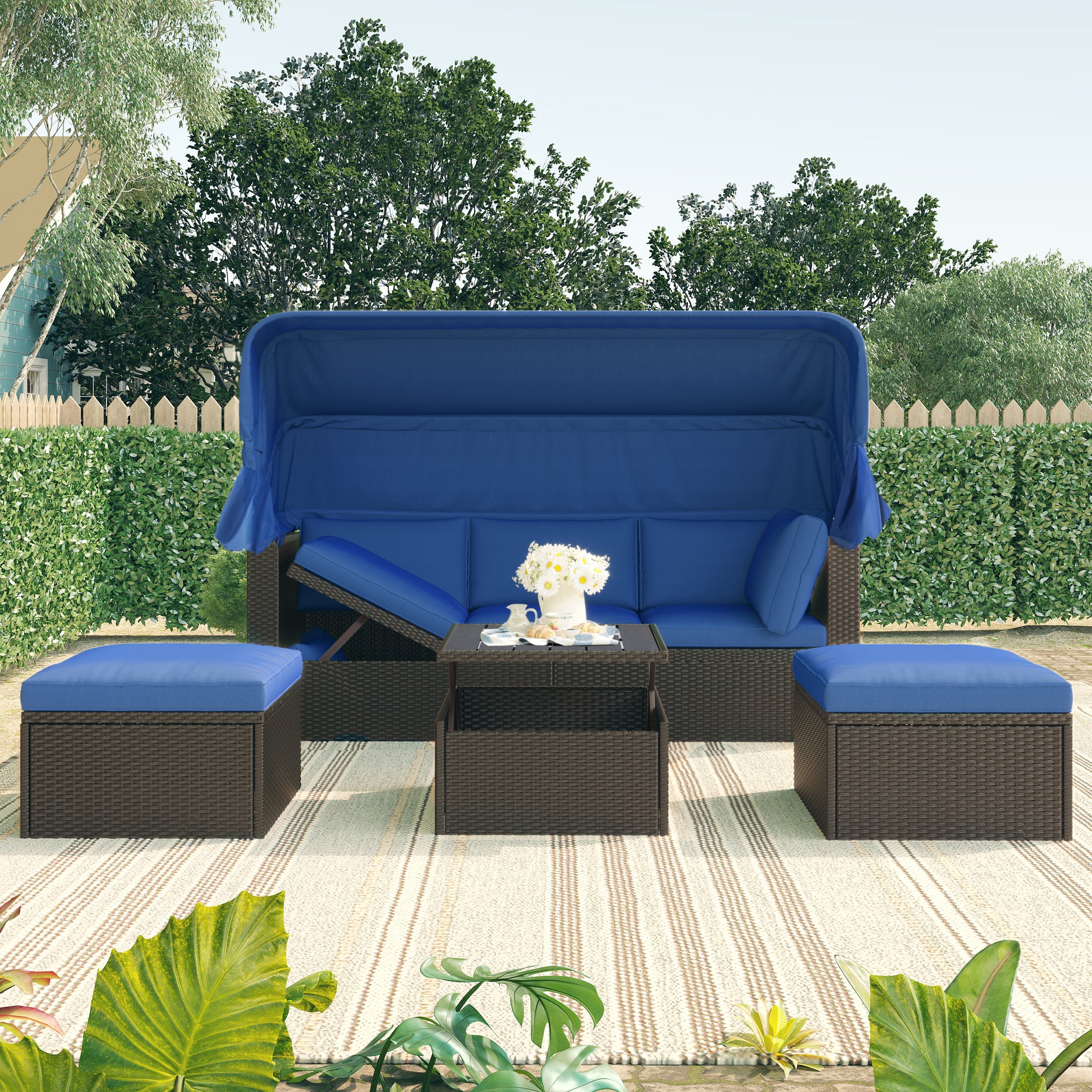 U Style Outdoor Patio Rectangle Daybed with blue-rattan