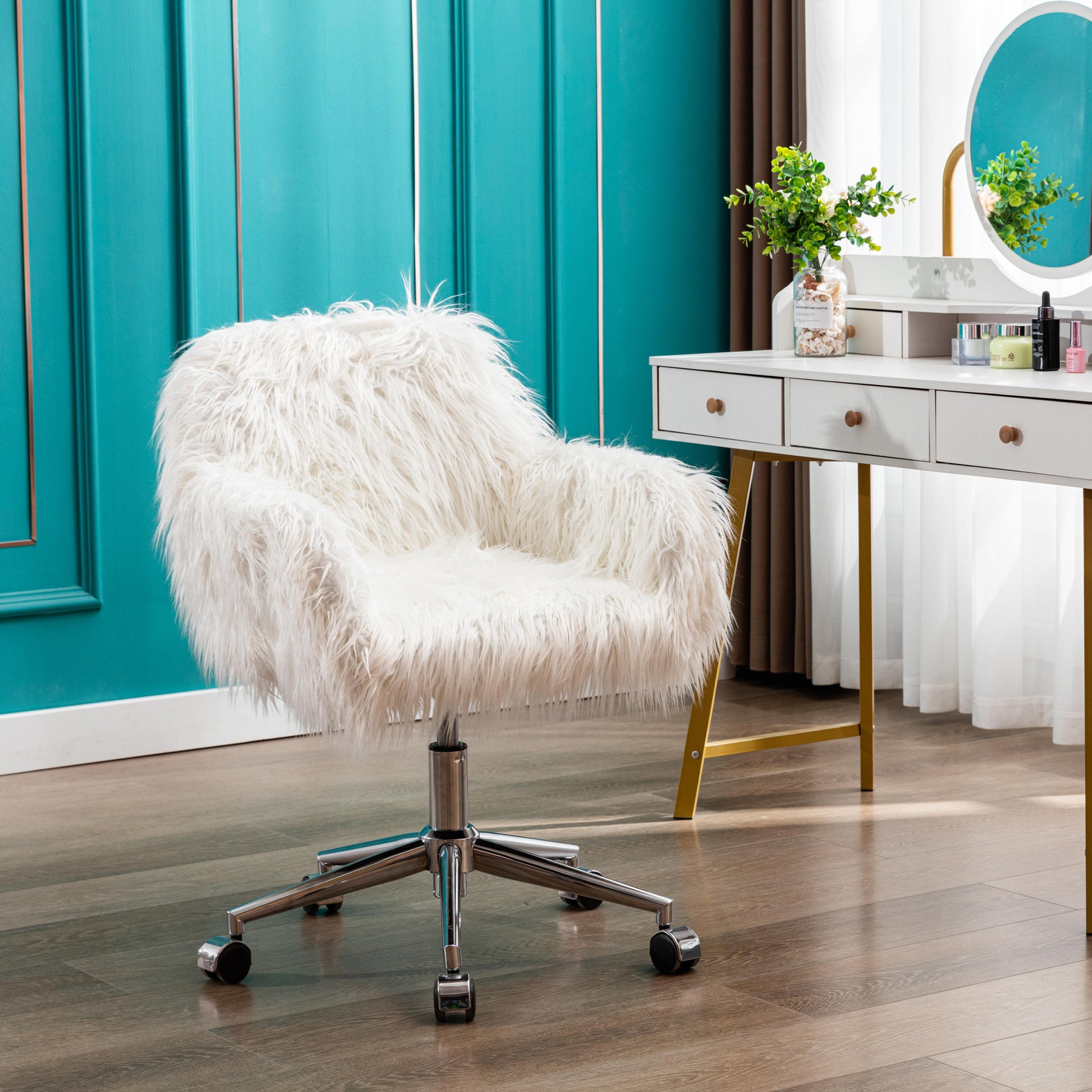 Hengming Modern Faux Fur Home Office Chair, Fluffy Chair For Girls, Makeup Vanity Chair White Faux Fur