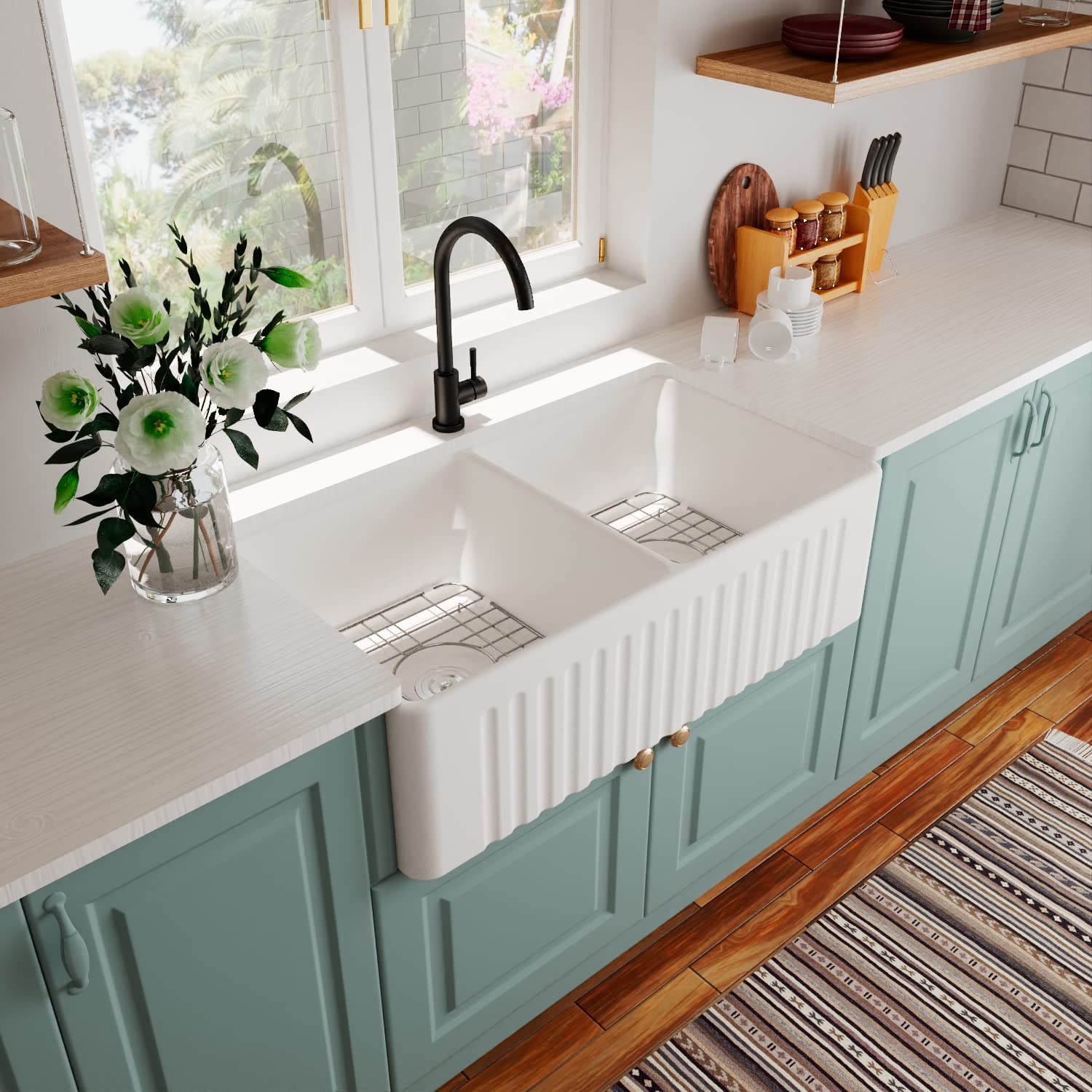 Fireclay 33" L X 20" W Double Basin Farmhouse Kitchen Sink With Grid And Strainer White Fireclay