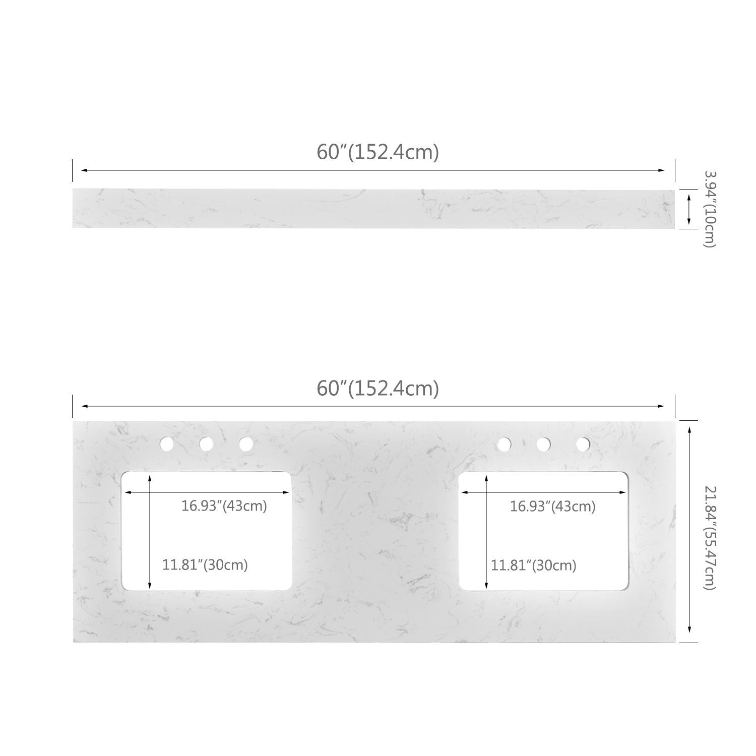 60 Inch Engineered Marble Vanity Top With Rectangular Double Basins White Marble