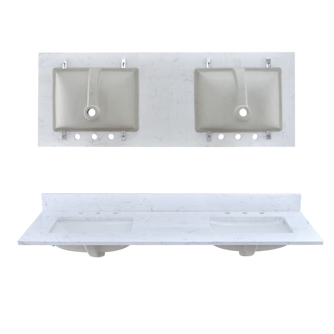 60 Inch Engineered Marble Vanity Top With Rectangular Double Basins White Marble