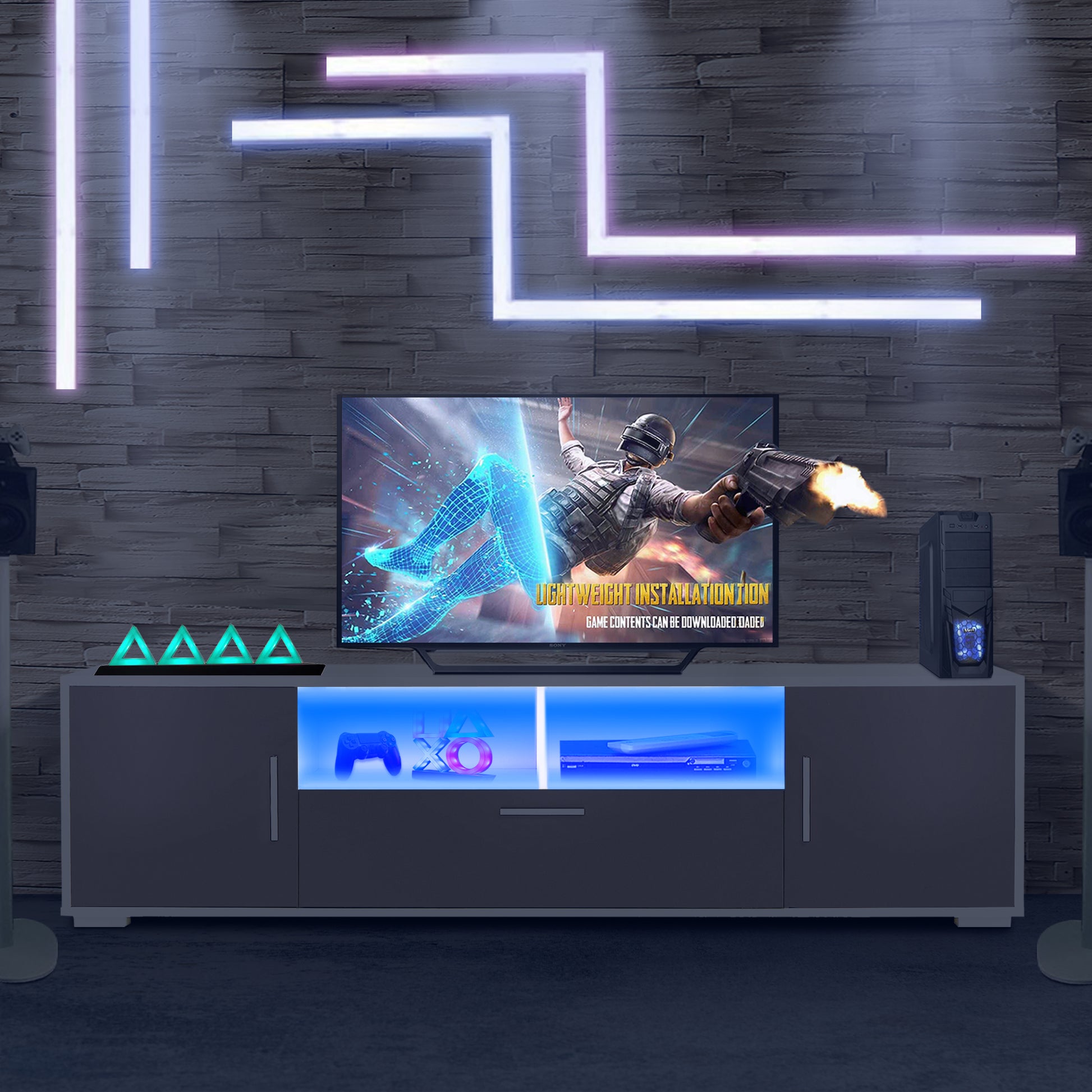 Fashiontv Stand,Tv Cabinet,Entertainment Center Tv Station,Tv Console,Console With Led Light Belt, Light Belt Can Be Remote Control,With Cabinets,Open Cells,For The Living Room,Bedroom,White Dark Gray Gray Primary Living Space 60 69 Inches 60 69 Inches