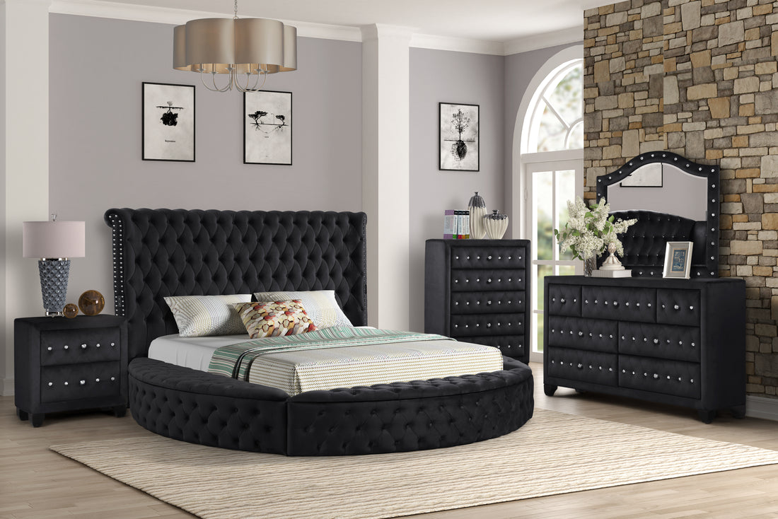 Queen 5 Pc Bedroom Set Made With Wood In Black Color Box Spring Not Required Queen Black Wood 4 Piece Set Bedroom Bed Included,Chest Included,Dresser Included,Mirror Included,Nightstand Included Contemporary,Modern Solid Wood Mdf Velvet Tufted Wood