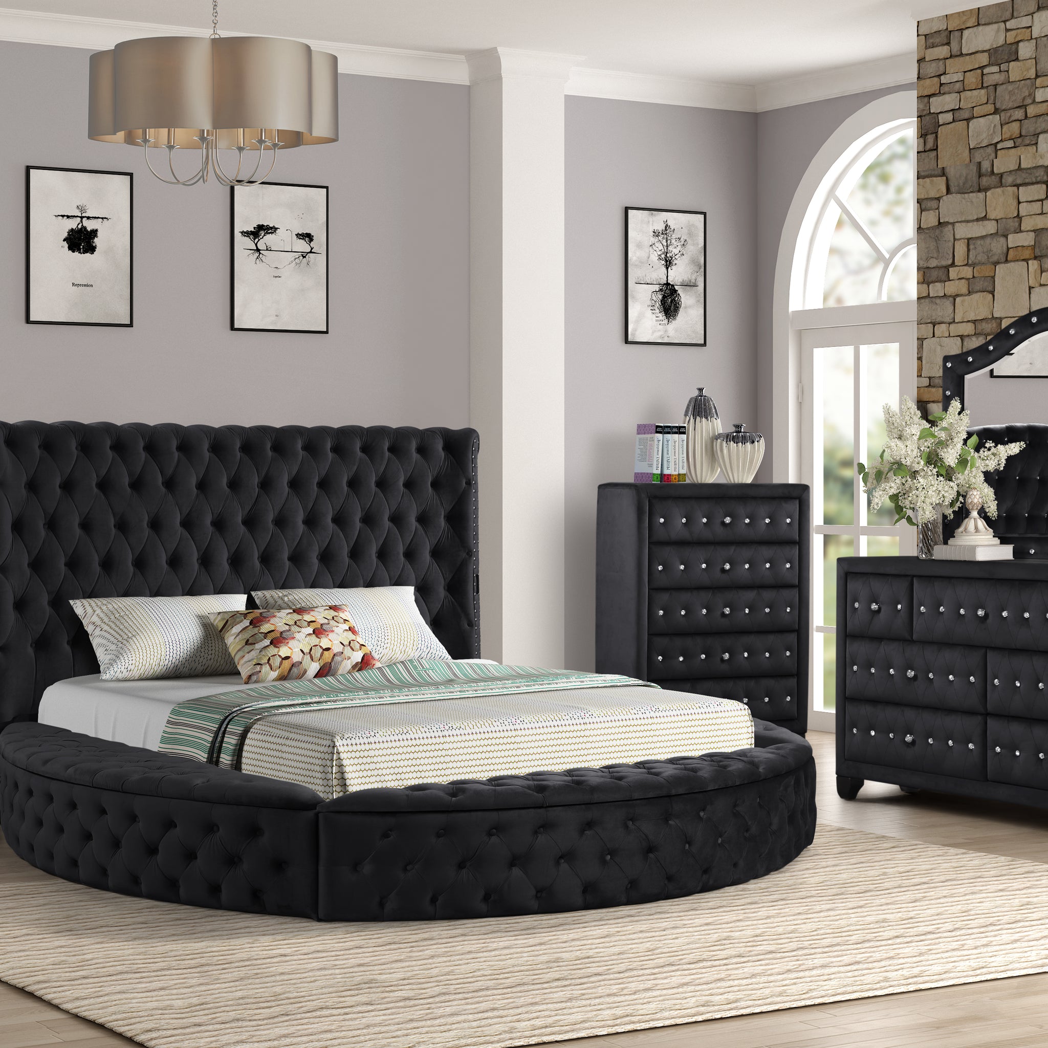 King 5 Pc Bedroom Set Made With Wood In Black Color Box Spring Not Required King Black Wood 5 Piece Set Bedroom Bed Included,Chest Included,Dresser Included,Mirror Included,Nightstand Included Contemporary,Modern Solid Wood Mdf Velvet Tufted Wood