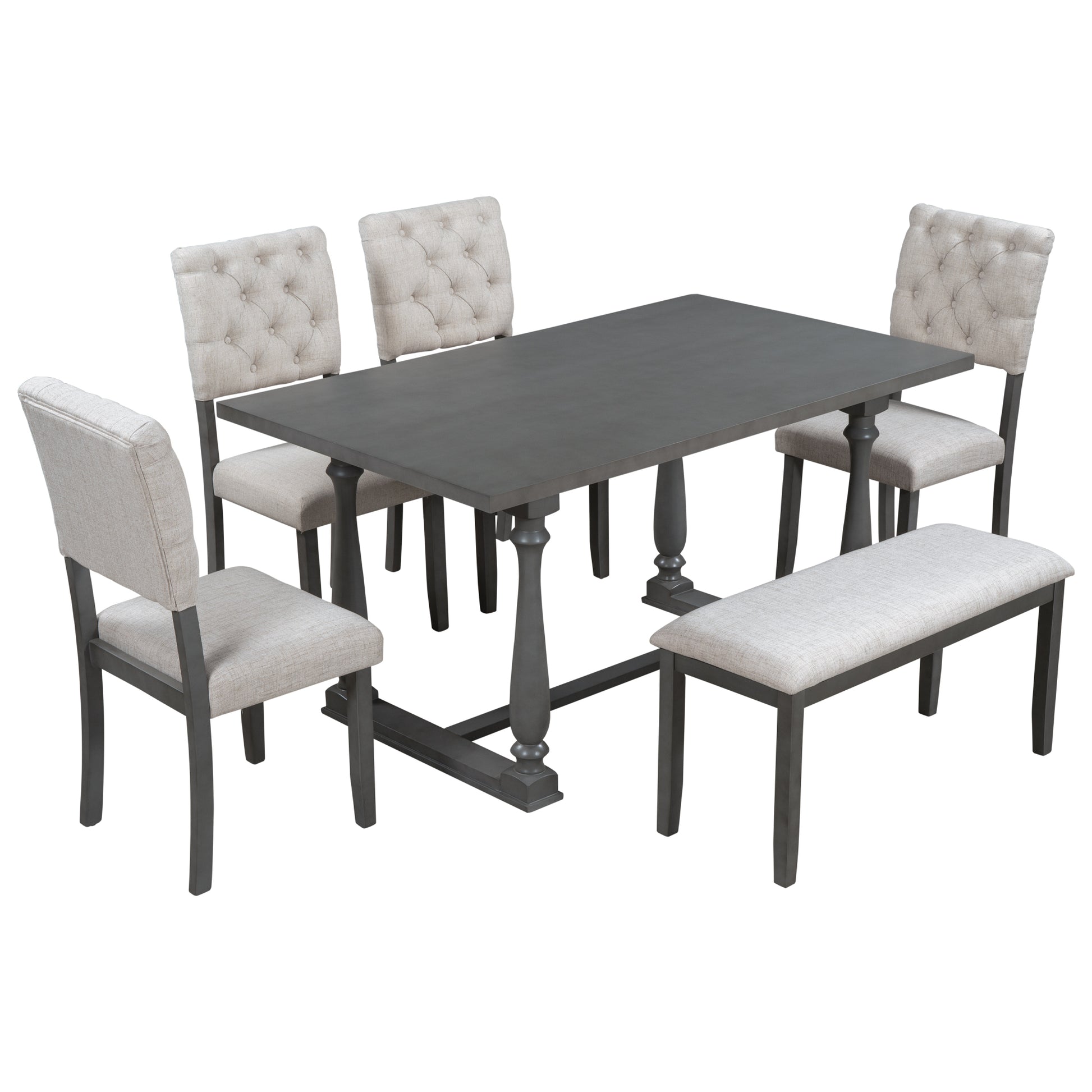 6 Piece Dining Table And Chair Set With Special Shaped Legs And Foam Covered Seat Backs&Cushions For Dining Room Gary Gray Solid Wood