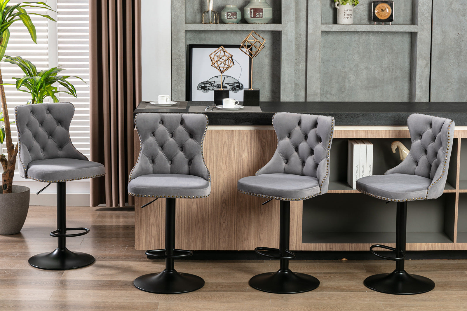 Swivel Velvet Barstools Adjusatble Seat Height From 25 33 Inch,17.7 Inch Base, Modern Upholstered Bar Stools With Backs Comfortable Tufted For Home Pub And Kitchen Island,Gray,Set Of 2 Gray Dining Room American Design Foam Velvet