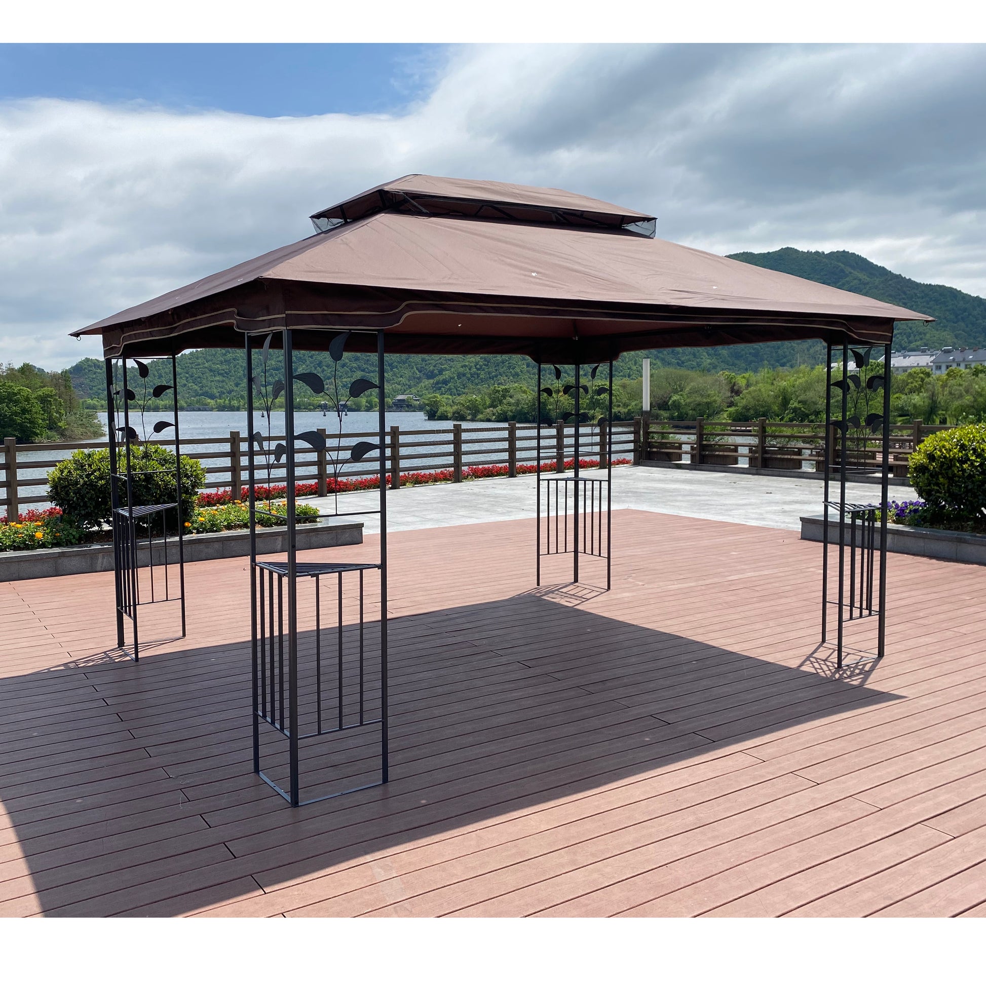 13X10 Outdoor Patio Gazebo Canopy Tent With Ventilated Double Roof And Mosquito Net Detachable Mesh Screen On All Sides ,Suitable For Lawn, Garden, Backyard And Deck,Brown Top Brown Metal