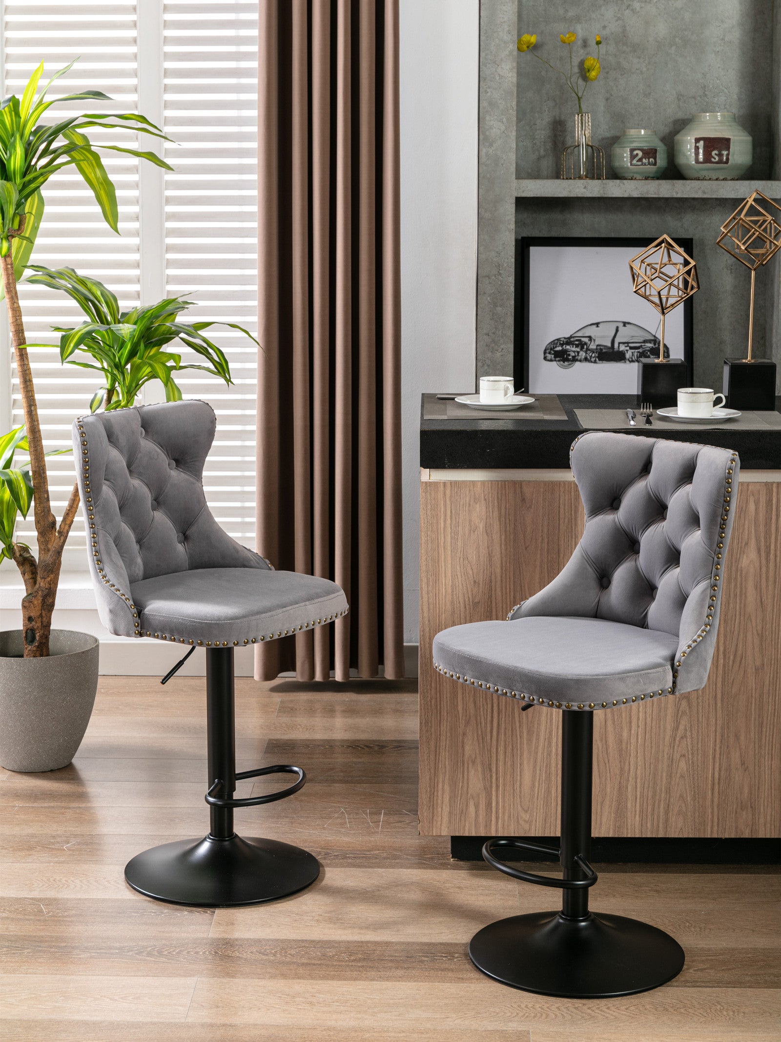 Swivel Velvet Barstools Adjusatble Seat Height From 25 33 Inch,17.7 Inch Base, Modern Upholstered Bar Stools With Backs Comfortable Tufted For Home Pub And Kitchen Island,Gray,Set Of 2 Gray Dining Room American Design Foam Velvet