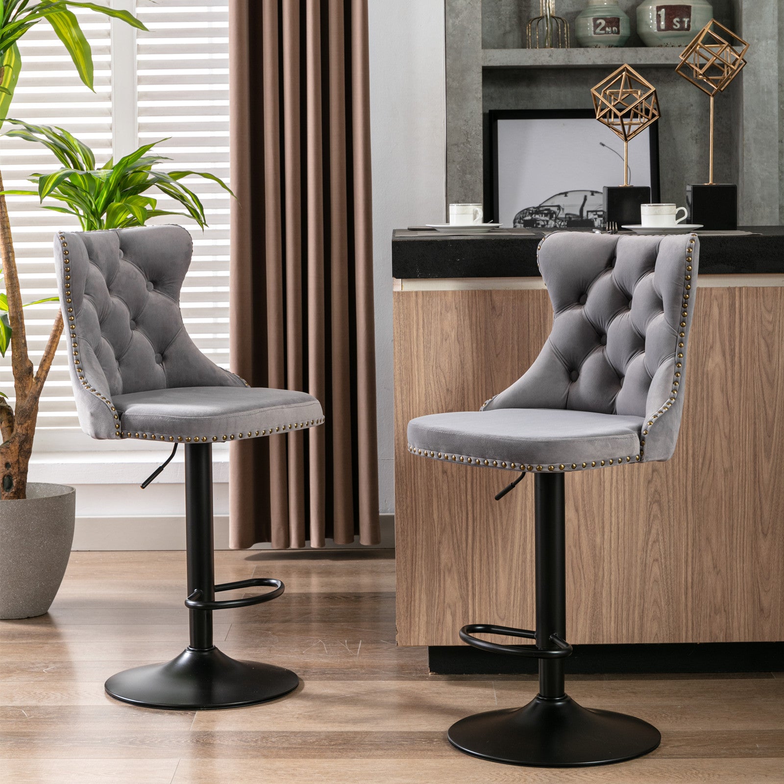 Swivel Velvet Barstools Adjusatble Seat Height From 25 33 Inch,17.7 Inch Base, Modern Upholstered Bar Stools With Backs Comfortable Tufted For Home Pub And Kitchen Island,Gray,Set Of 2 Gray Dining Room American Design Foam Velvet