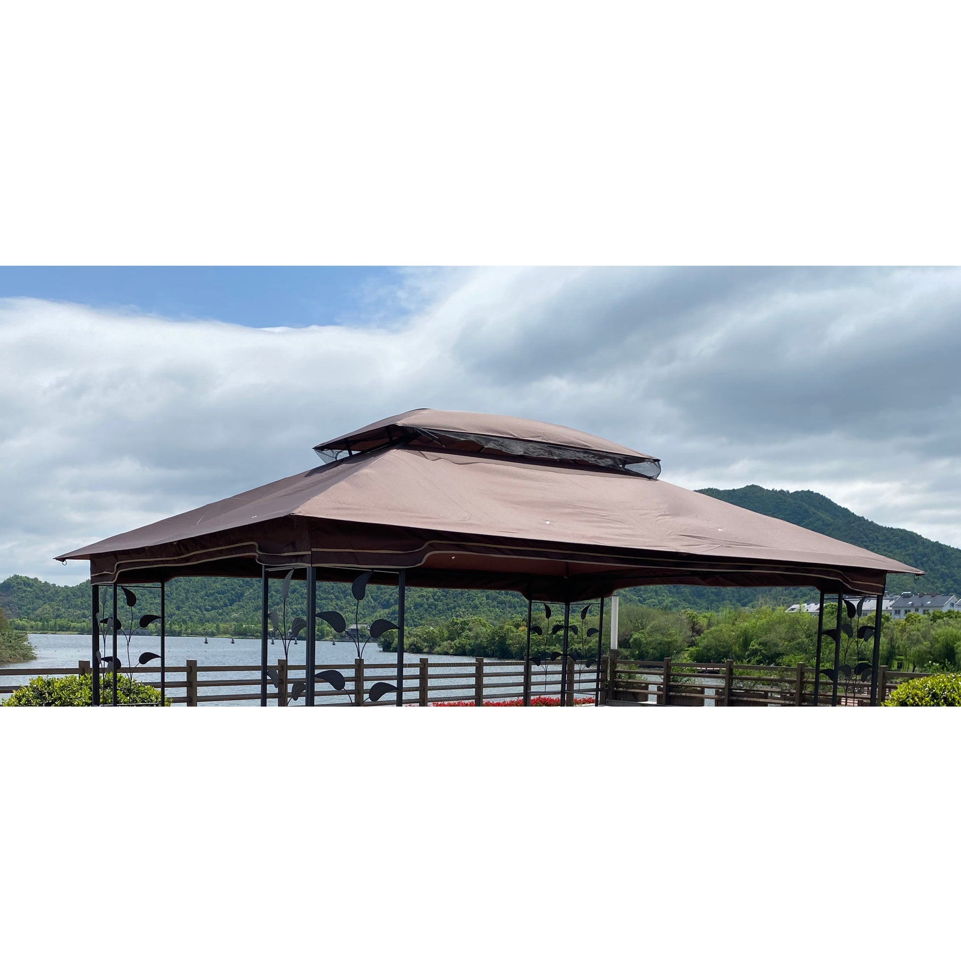 13X10 Ft Patio Double Roof Gazebo Replacement Canopy Top Fabric,Brown Brown Polyester