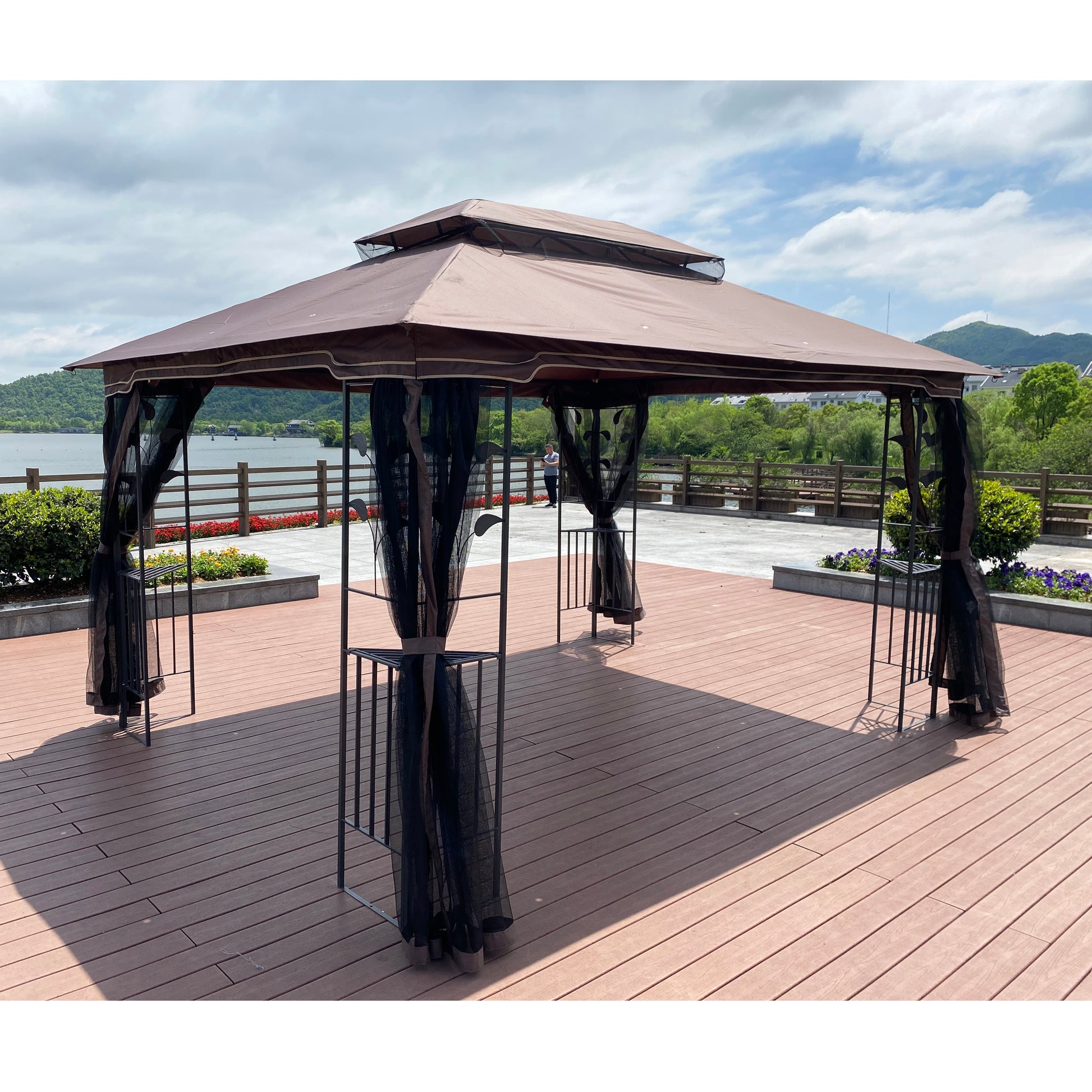 13X10 Outdoor Patio Gazebo Canopy Tent With Ventilated Double Roof And Mosquito Net Detachable Mesh Screen On All Sides ,Suitable For Lawn, Garden, Backyard And Deck,Brown Top Brown Metal