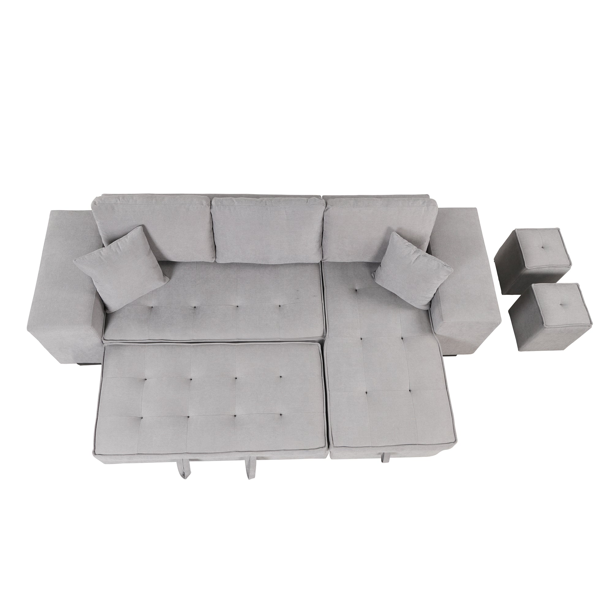 104.5" Pull Out Sleeper Sofa Reversible L Shape 3 Seat Sectional Couch With Storage Chaise And 2 Stools For Living Room Furniture Set,Gray Gray Foam Linen 3 Seat