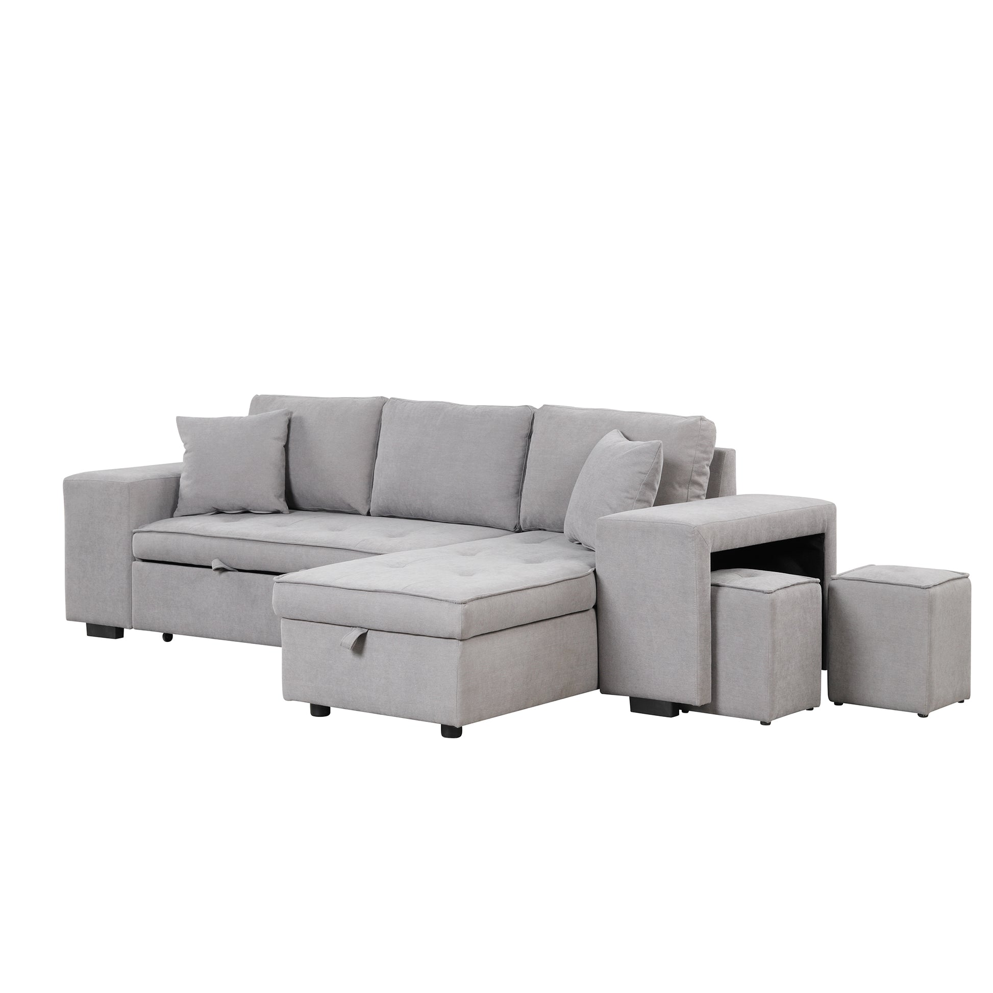 104.5" Pull Out Sleeper Sofa Reversible L Shape 3 Seat Sectional Couch With Storage Chaise And 2 Stools For Living Room Furniture Set,Gray Gray Foam Linen 3 Seat