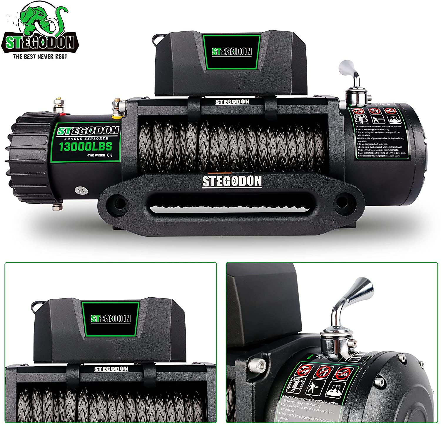 Stegodon 13000 Lbs Electric Winch T3,12V Synthetic Rope With Wireless Handheld Remotes And Wired Handle Black Aluminium