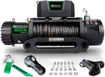 Stegodon 13000 Lbs Electric Winch T3,12V Synthetic Rope With Wireless Handheld Remotes And Wired Handle Black Aluminium